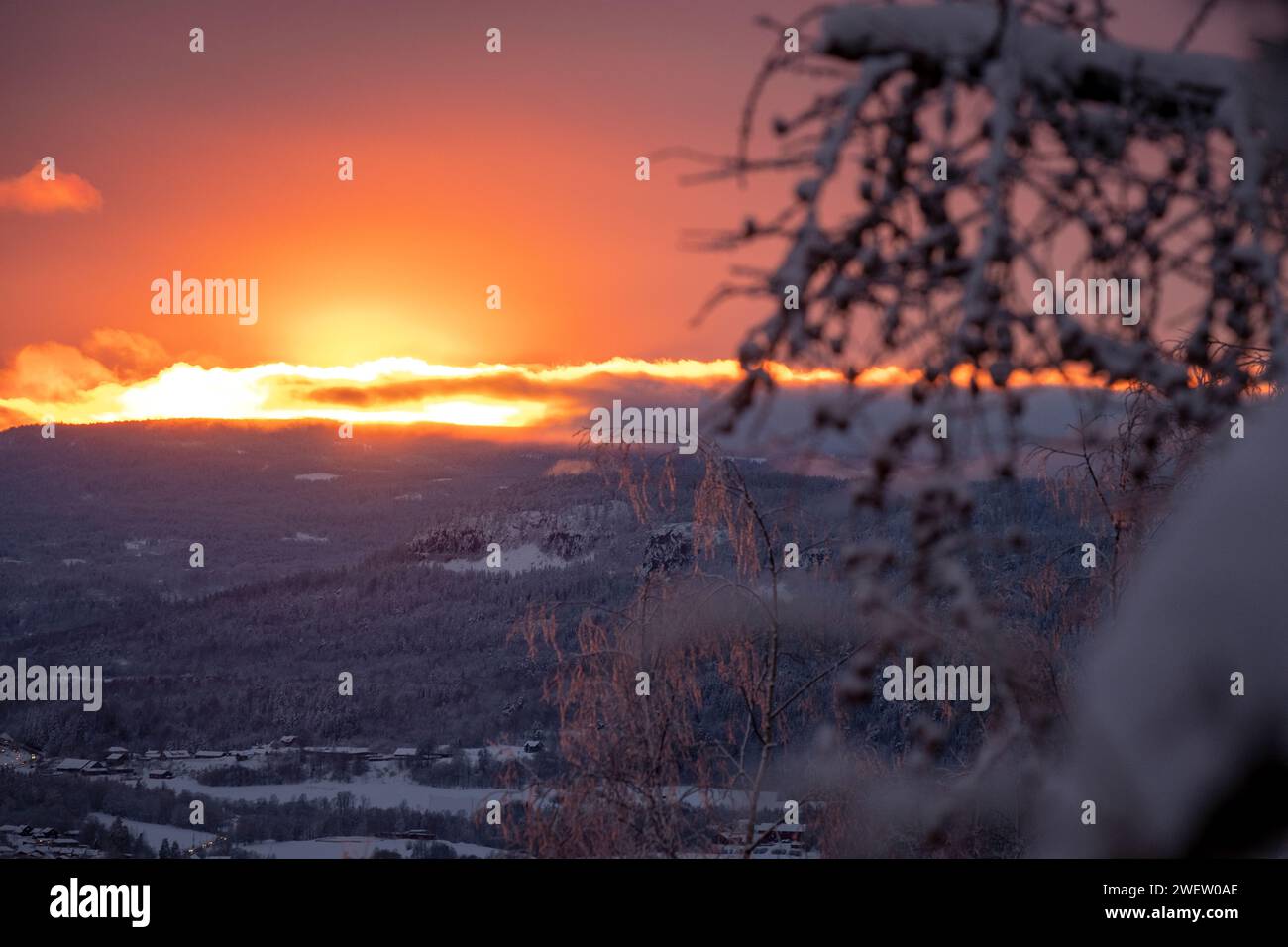Winter sunset over Oslo, Norway, from near Holmenkollen ski slope Stock Photo
