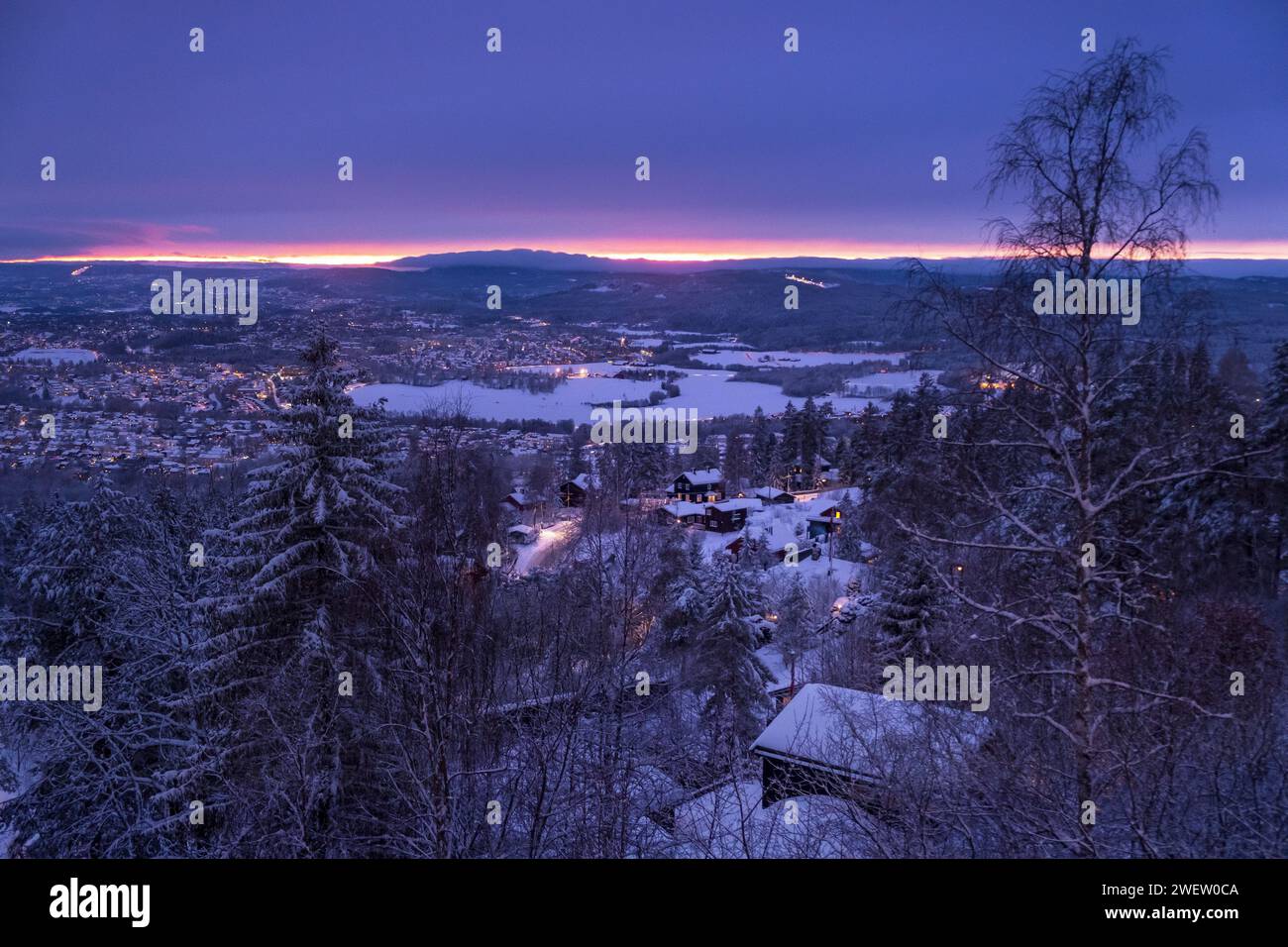 Winter sunset over Oslo, Norway, from near Holmenkollen ski slope Stock Photo