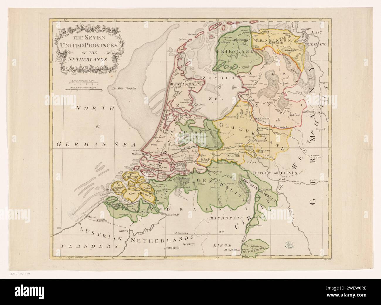 Map of the Republic of the Seven - Map Of The Republic Of The Seven United Netherlands C 1780 Print At The Top Left Cartouche With Title Below That Scale German Miles 15 In A Degree English Miles 695 In A Degree The Map Is Equipped With A Coordinates Network And A Degree Distribution Along The Edges Paper Engraving Maps Of Separate Countries Or Regions Coat Of Arms As Symbol Of The State Etc Netherlands 2WEW0RE 