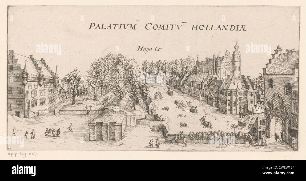 View of the Buitenhof in The Hague, Jacob Savery (I), 1586 print   paper etching Triummphal Entry and Public Reception, pageant, 'solemn entrance', 'Joyeuse entrance' Courtyard Stock Photo