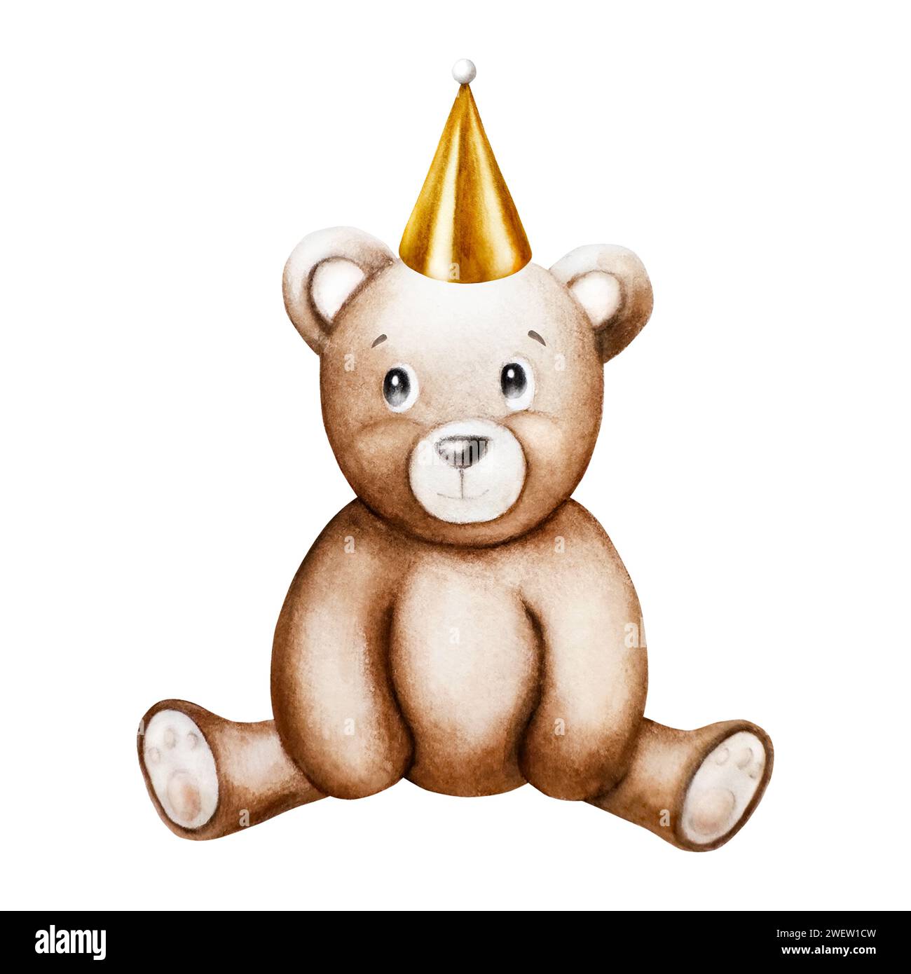Watercolor cute cartoon teddy bear with golden birthday, holiday cap. Hand drawn baby illustration isolated on white background. Lovely toy for baby a Stock Photo