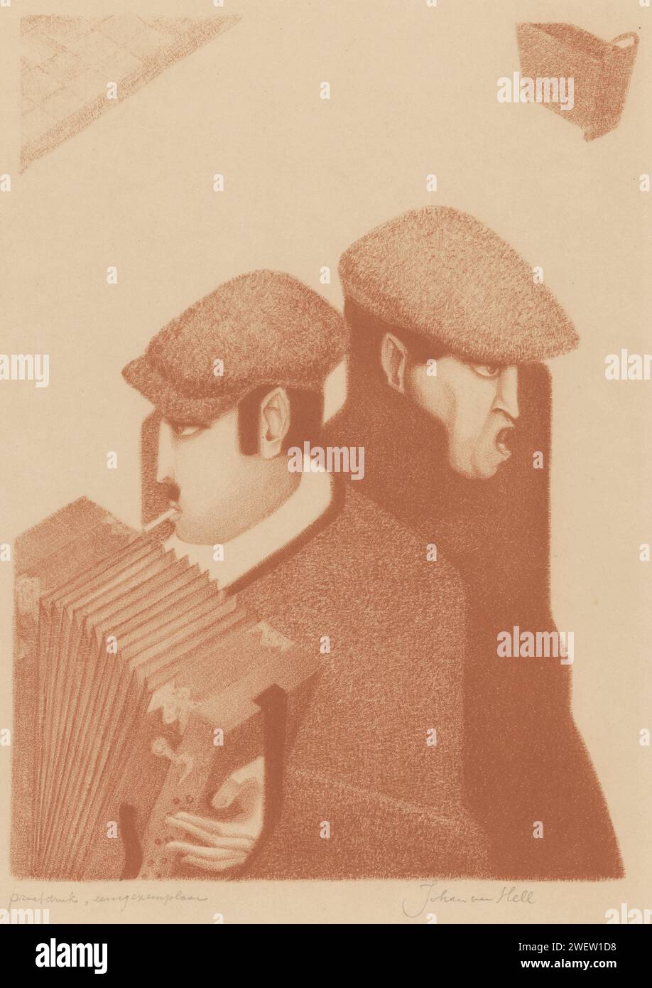 Street musicians, Johan van Hell, 1925 print An accordionist with a cigarette and a singer on the street. Both wear a cap.  paper  accordion. male singer - CC - out of doors. cigarette Stock Photo