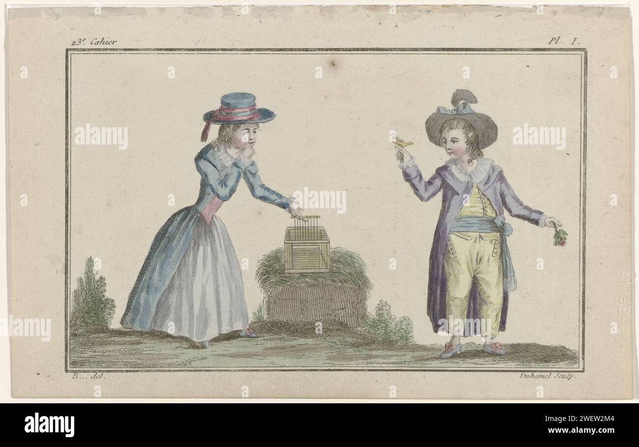 Cabinet of modes or new modes, October 15, 1786, pl. I, 1786  Boy and girl in bird cage. According to the accompanying text, the girl is dressed in a Redingote van Laeken. Below she wears a body of silk and a white skirt from Musseline, including a skirt of blue silk. Accessories: hat with ribbon, shoes with bows. The boy is dressed in a wide -falling Redingote van Laeken. Below he wears a sailor suit from silk, consisting of a cardigan and long pants. Accessories: Hat with feather, a sash with fringes, shoes with bows. A bird on the right hand and a flower in the left hand. The print is part Stock Photo