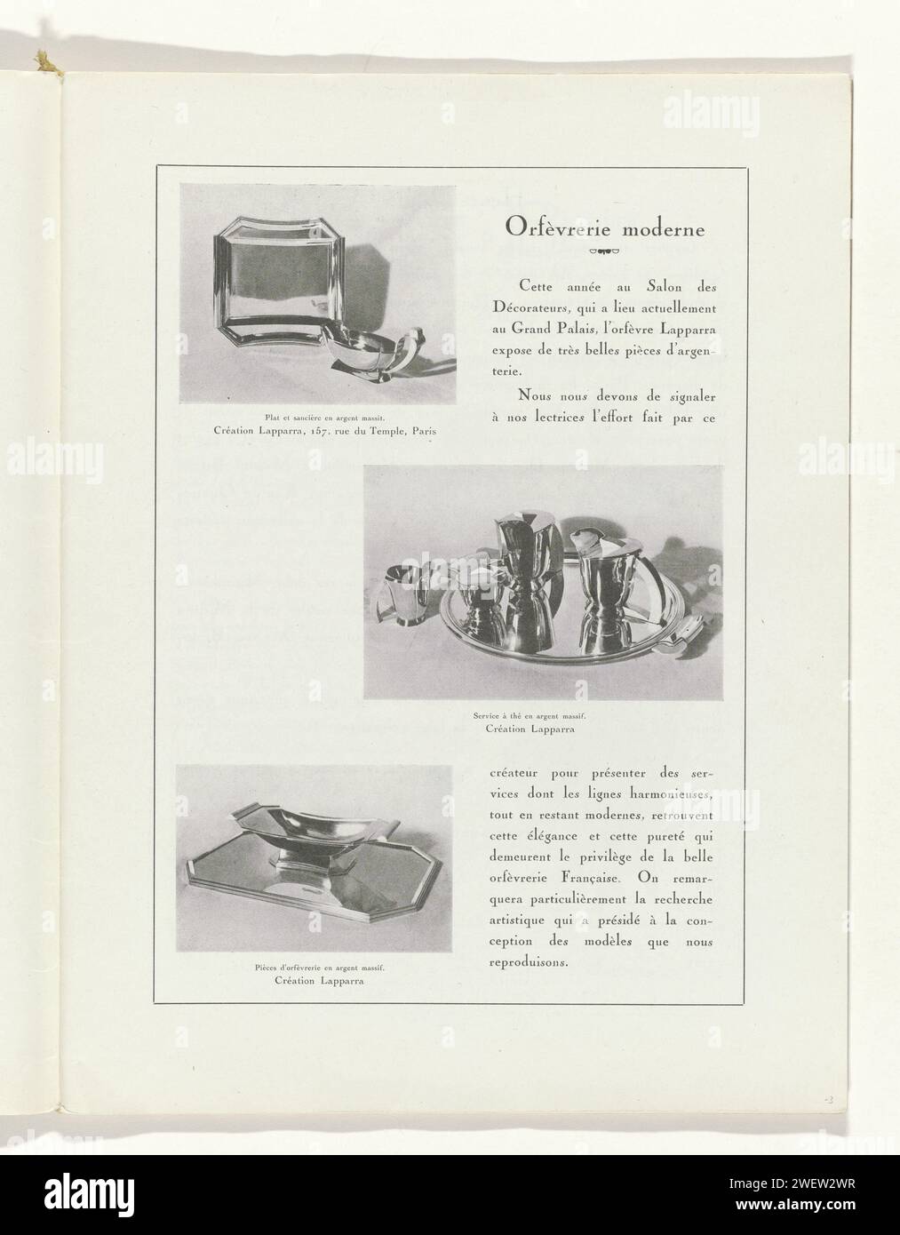 Art - Taste - Beauty, female elegance sheets, June 1932, No. 142, 12th year, p. 3, H. Rouit, 1932 magazine Text 'Orfèvrerie Moderne' with three images of a dish and sauce bowl, a tea set and a 'pièces d'Orfèvrerie', from Letrara. Page from the fashion magazine Art-Goût-Beauté (1920-1933).  paper  fashion plates. serving-dish, platter. gravy-boat. tea- and coffee-service Stock Photo