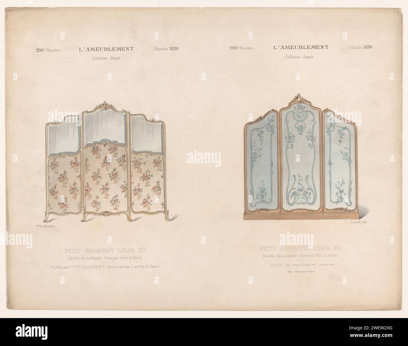 Two Chambers, Léon Laroche, 1895 print Two room screens in the Louis XV style. Print from 295th song (Livraison).  paper  screen, folding screen Stock Photo