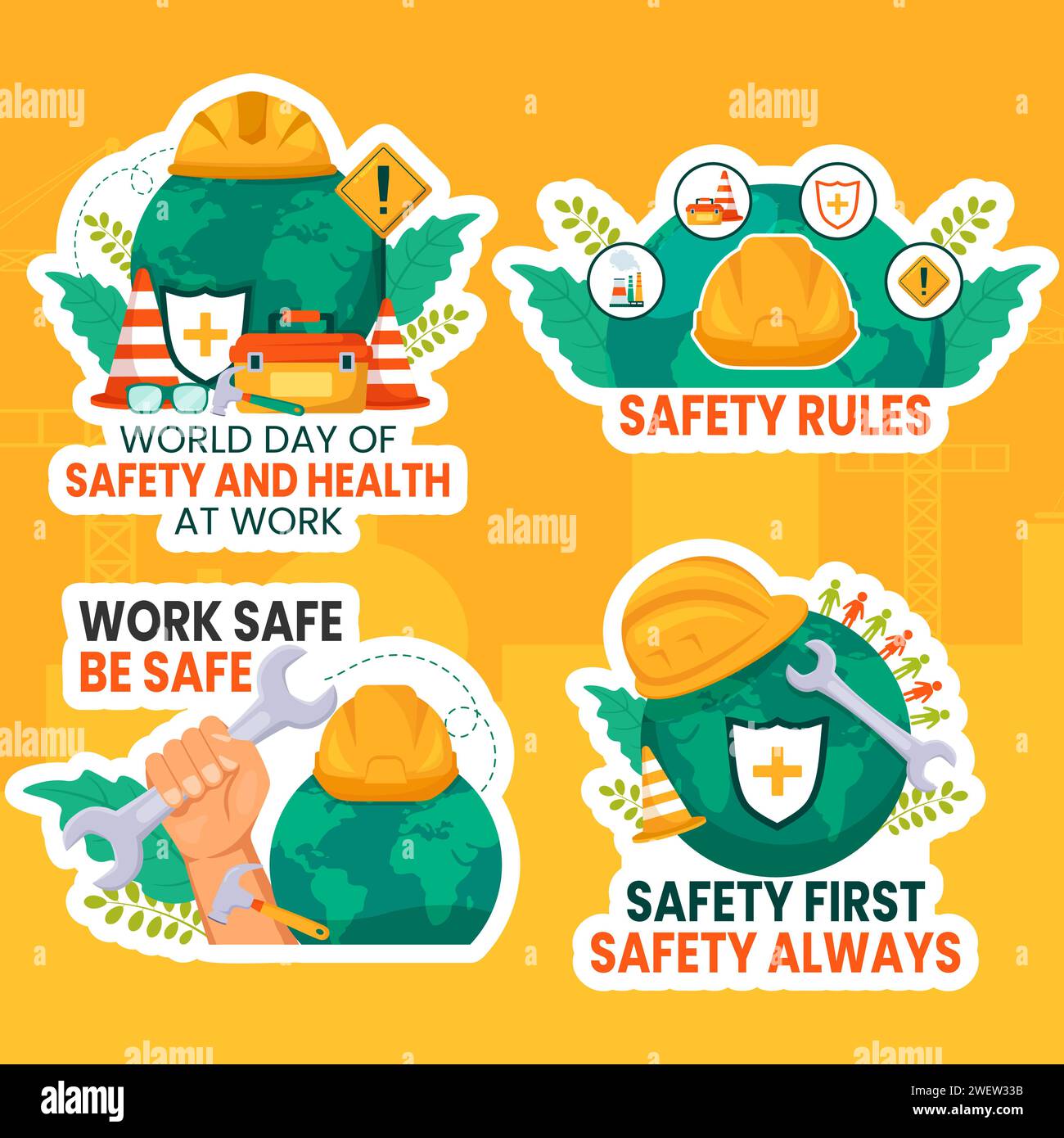 Safety and Health at Work Day Label Flat Cartoon Hand Drawn Templates