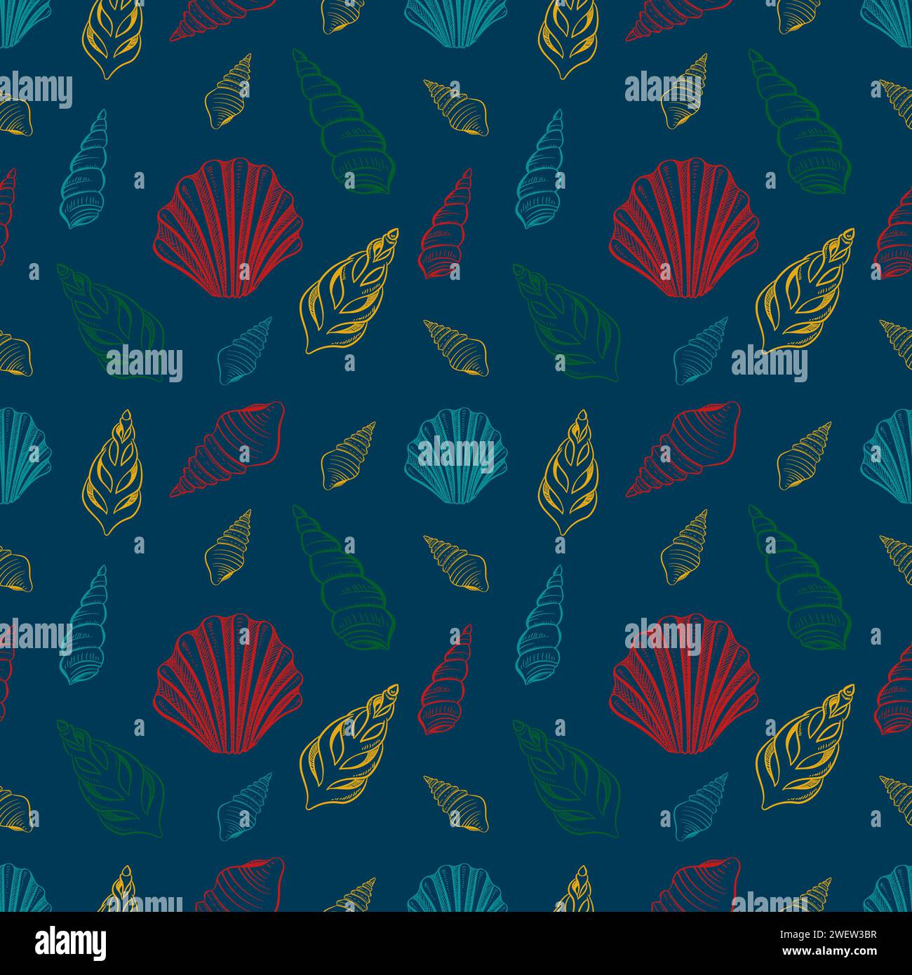 Seamless pattern with multi-colored shells on a blue background. Stock Vector
