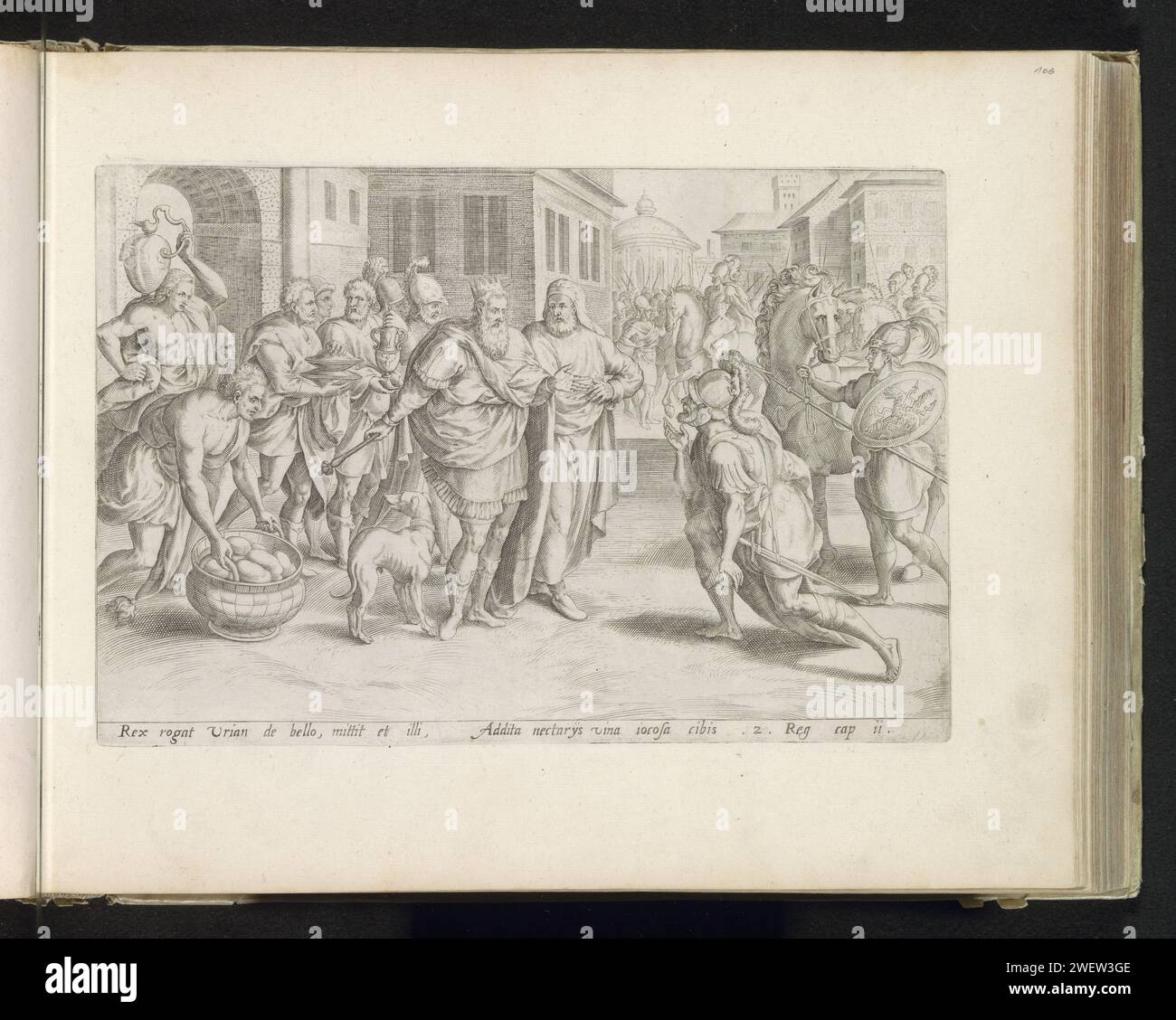 Uria called back by David from the war, Johann Sadeler (I) (Attributed to), after Marten van Cleve (I), 1585 print King David has recalled Uria, the man of Batseba, from the war. Uria kneels, dressed in his armor, for him. At Uria, David urges you to relax and to take on the wine and feeds brought by servants. Uria, however, does not go home to sleep with his wife Batseba. Under the show a reference in Latin to the Bible text in 2 SAM. 11. This print is part of an album.  paper engraving David speaks to Uriah. the soldier; the soldier's life Stock Photo