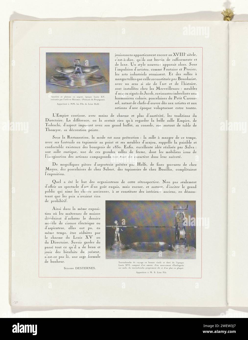 Art - Taste - Beauty, female elegance sheets, March 1932, No. 139, 12th year, p. 30, Anonymous, 1932 magazine Continued of the text 'La rétrospective des Arts de la Table' with two images of a soup turbine with silver leaves and a spit for traveling of engraved bronze. Page from the fashion magazine Art-Goût-Beauté (1920-1933).  paper  fashion plates. gravy-boat. spit  cooking Stock Photo