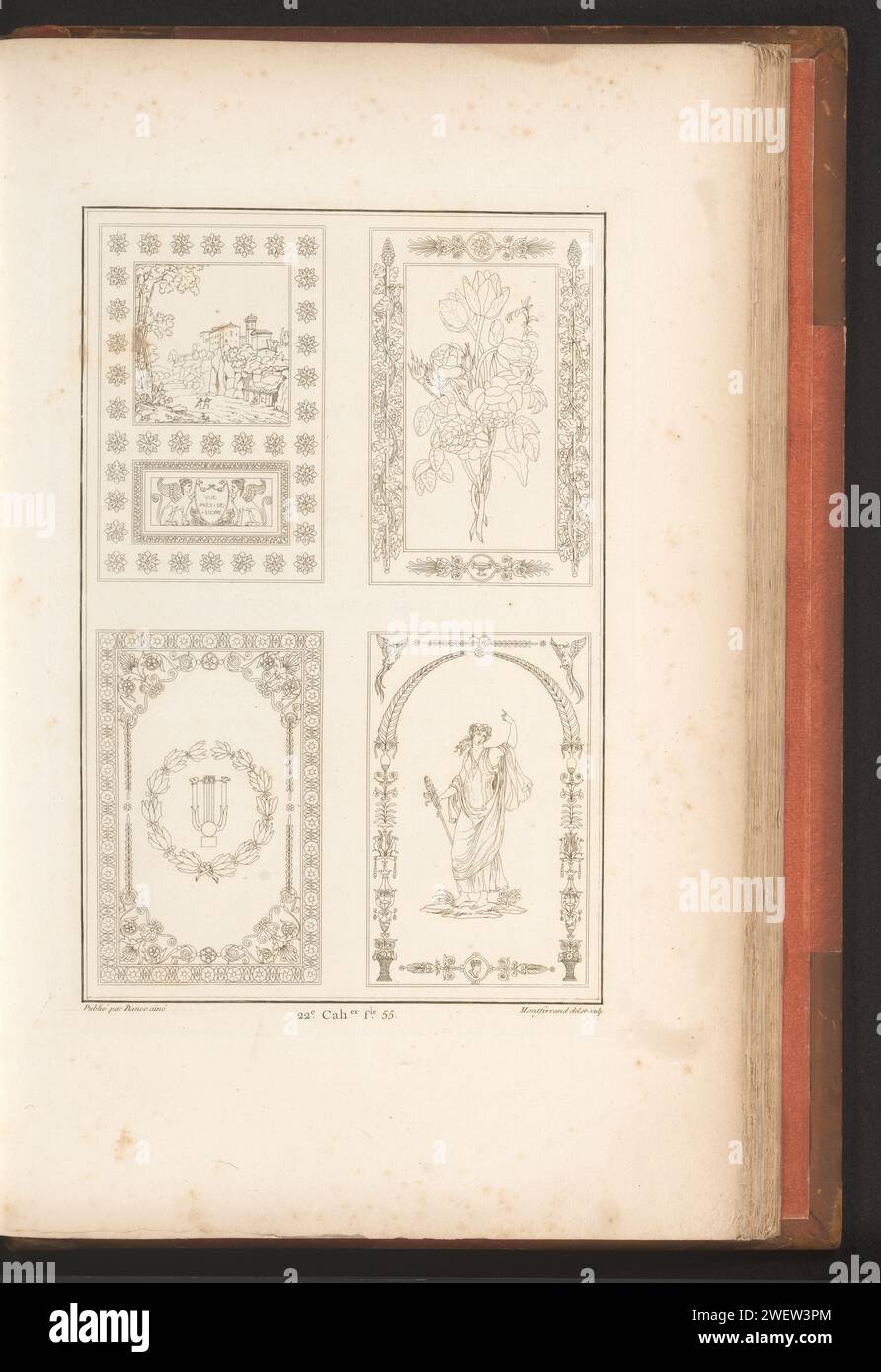 Ceiling decorations or wall rugs, August Ricard de Montferrand, 1820  Four figurative ceiling or wall decorations or wall rugs. Part (22nd. Cah.er F.LE 55) of the Prentalbum with two series of a total of 138 ornament prints by Beauvallet and Normand, 'Fragmens d'Ortuens dance le style antique'.  paper etching ornaments  art. (decorated) ceiling. carpet, rug Stock Photo