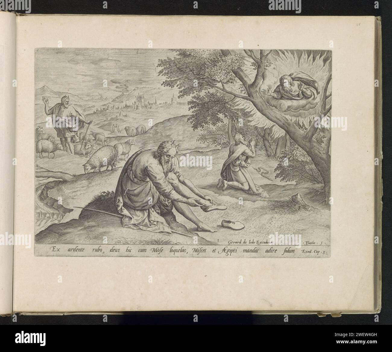 God appears to Moses in the burning Braambos, Johann Sadeler (I), After Marten van Cleve (I), 1585 print Moses takes off his shoes in the foreground. On the second plan on the right, Moses kneels for the burning blackbos, in which God appears. In the background on the left, Moses is the sheep of his father -in -law Jetro. Under the performance a reference in Latin to the Bible text in ex. 3. This print is part of an album.  paper engraving while tending Jethro's flock Moses comes to Horeb. a burning bush attracts Moses' attention. Moses taking off his sandals. Moses, kneeling before the bush a Stock Photo