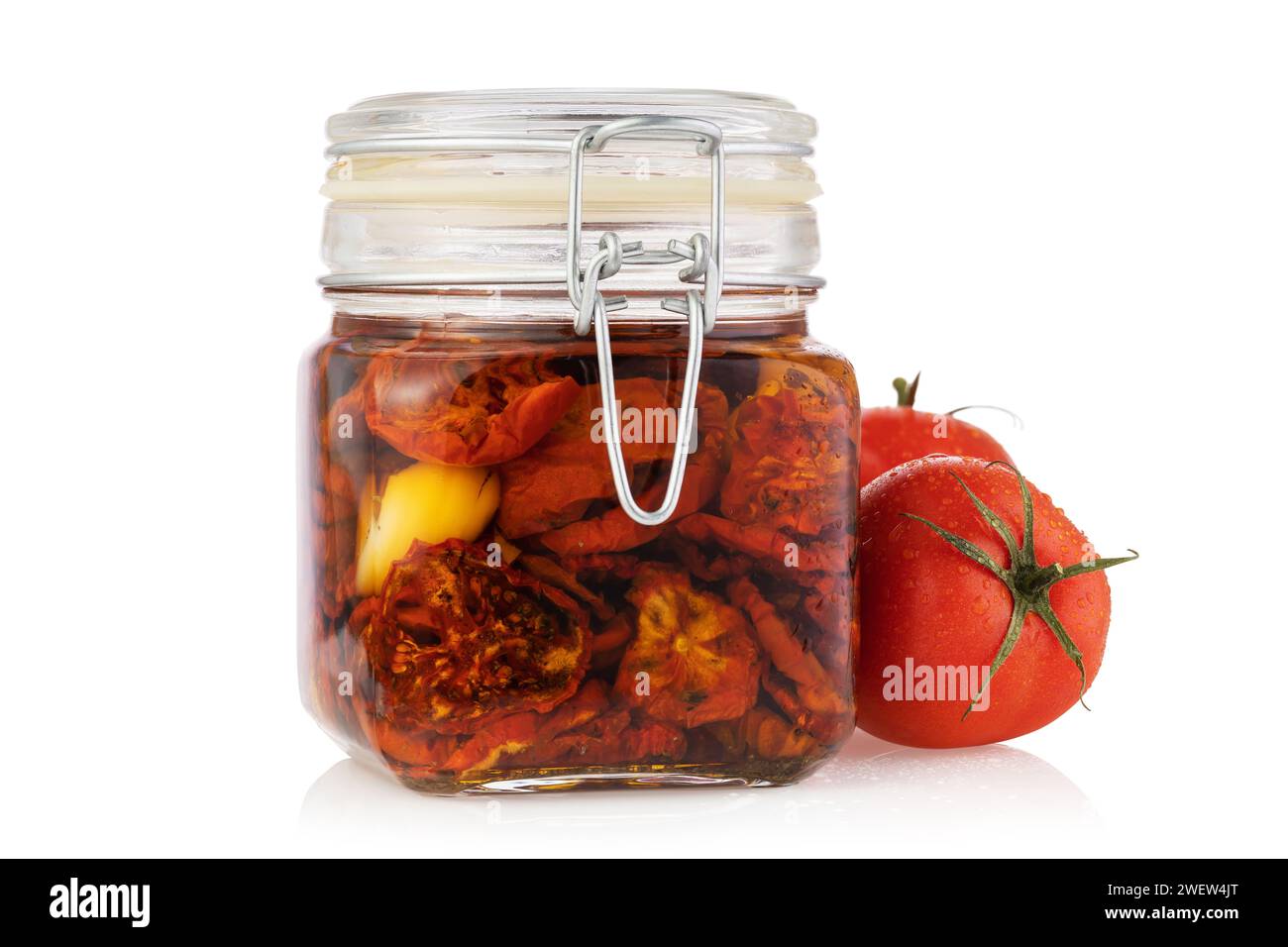 Jar of sun-dried tomatoes isolated on white background Stock Photo
