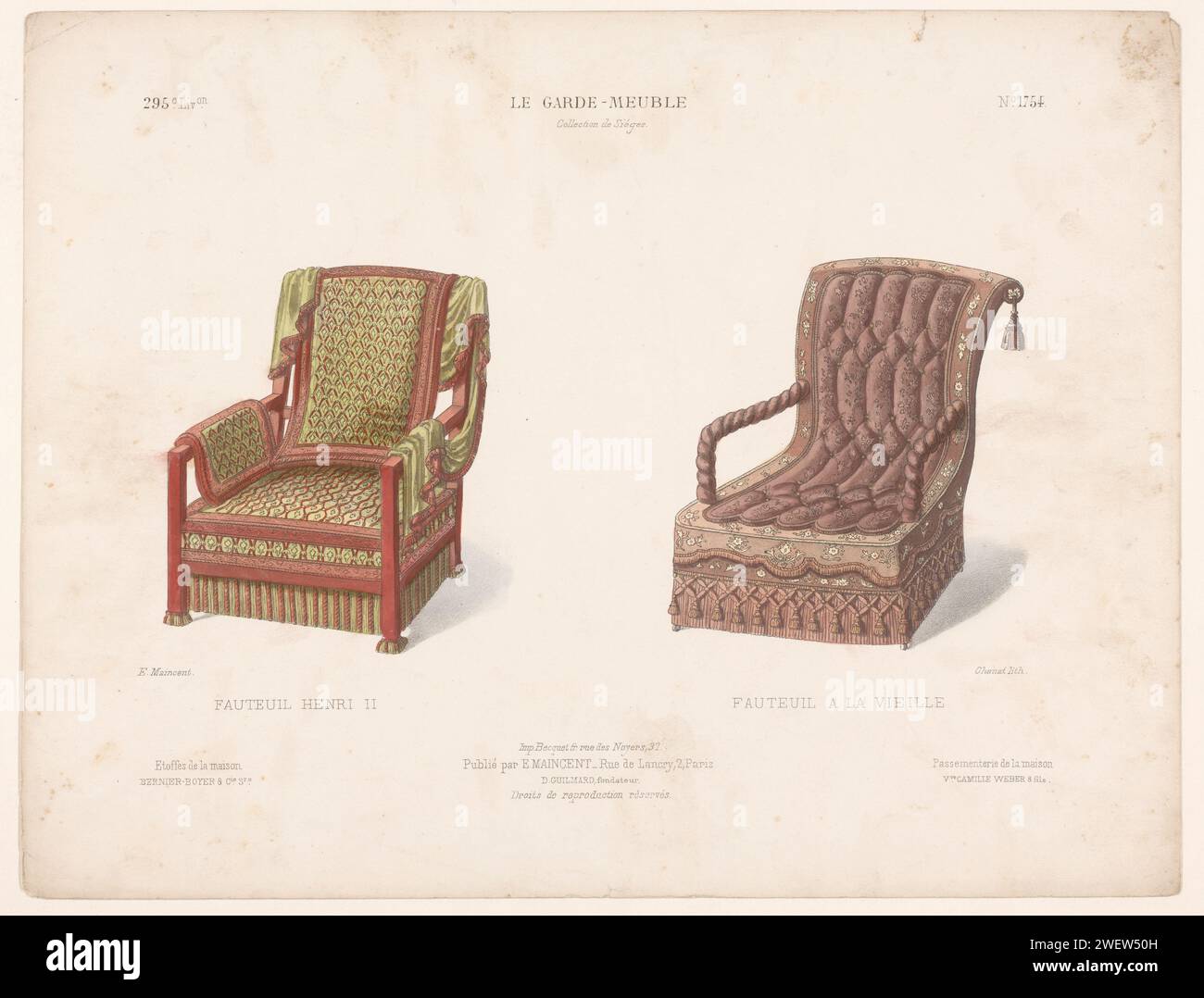Two armchairs, Chanat, 1885 - 1895 print Two armchairs, one in the Hendrik II style. Print from 295th Livraison.  paper  seating furniture Stock Photo