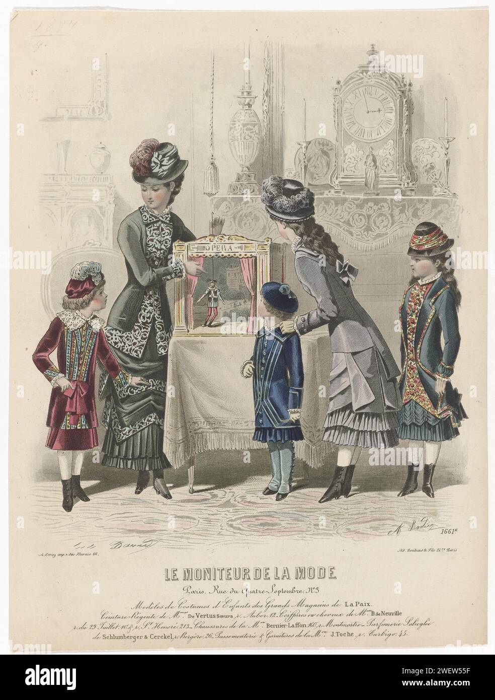 The fashion monitor, 1879, No. 1661st: models of children's costumes (...), 1879  Five children in interior are around a puppet show with Marionette. According to the caption, the children's clothing of the La Paix department store is. Below some lines of advertising text for different products. Print from the fashion magazine Le Monitor de la Mode (1843-1913).  paper engraving fashion plates. head-gear (+ girls' clothes). dress, gown (+ girls' clothes). boots (+ girls' clothes). gloves, mittens, etc. (+ girls' clothes). marionette. opera house (+ variant) Stock Photo