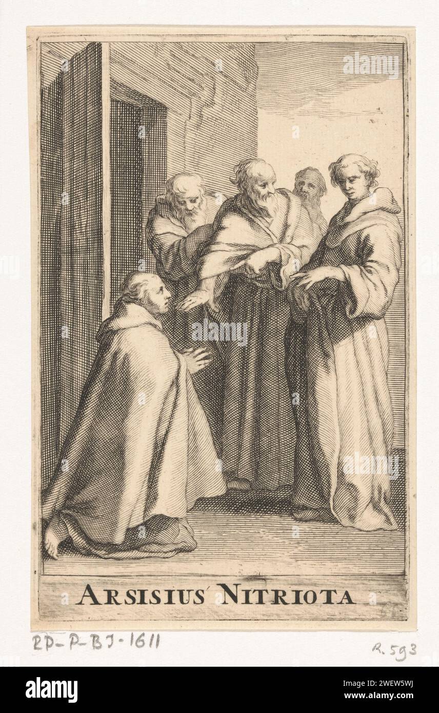 Heiligie Arsius van Nitria, Frederick Bloemaert, After Abraham Bloemaert, after 1636 - c. 1670 print Saint Arsisius in the company of other hermits. One of them kneels down. Print from a series of 80 prints and a title print with hermits from the 2nd to the 6th century.  paper engraving Male saints (Arsiusius) Stock Photo