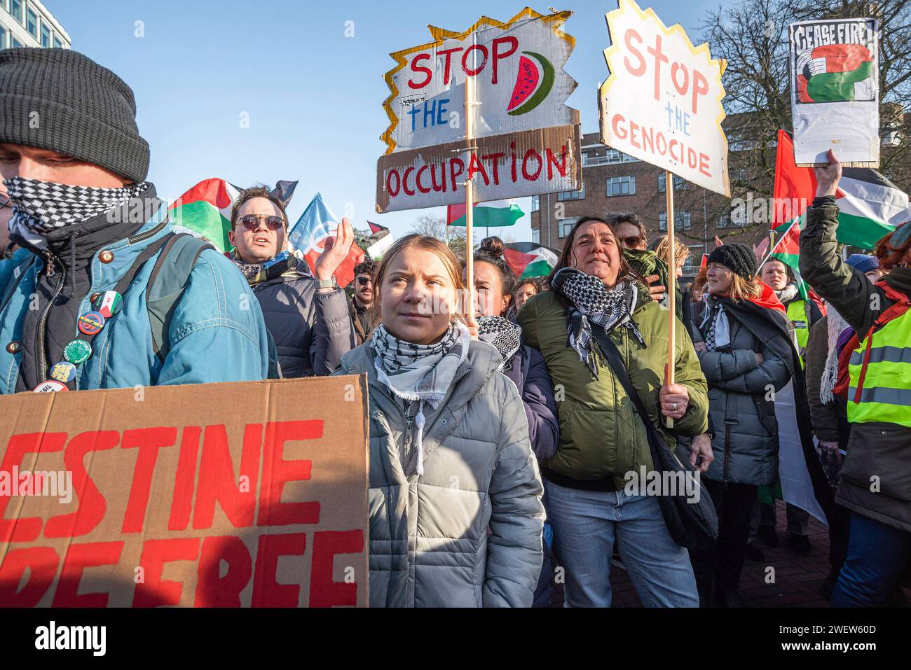The Hague, South Holland, Netherlands. 26th Feb, 2014. Young climate activist, Greta Thunberg far left, attends the pro-Palestinian protest surrounded by placards, during today's International Court of Justice (ICJ) First ruling on Israel's Gaza war. The ICJ in The Hague ordered Israel on Friday to refrain from any acts of genocide against Palestinians in Gaza during its conflict with Hamas and to preserve evidence related to allegations of genocide. (Credit Image: © Charles M. Vella/SOPA Images via ZUMA Press Wire) EDITORIAL USAGE ONLY! Not for Commercial USAGE! Stock Photo