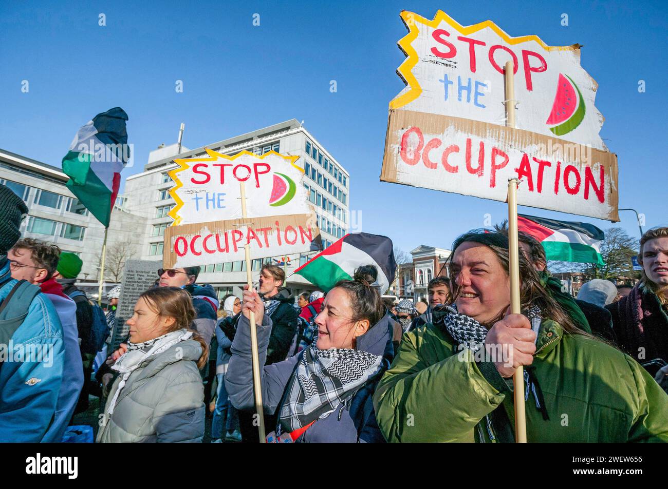 The Hague, Netherlands. 26th Jan, 2024. Young climate activist, Greta Thunberg far left, attends the pro-Palestinian protest surrounded by placards, during today's International Court of Justice (ICJ) First ruling on Israel's Gaza war. The ICJ in The Hague ordered Israel on Friday to refrain from any acts of genocide against Palestinians in Gaza during its conflict with Hamas and to preserve evidence related to allegations of genocide. Credit: SOPA Images Limited/Alamy Live News Stock Photo