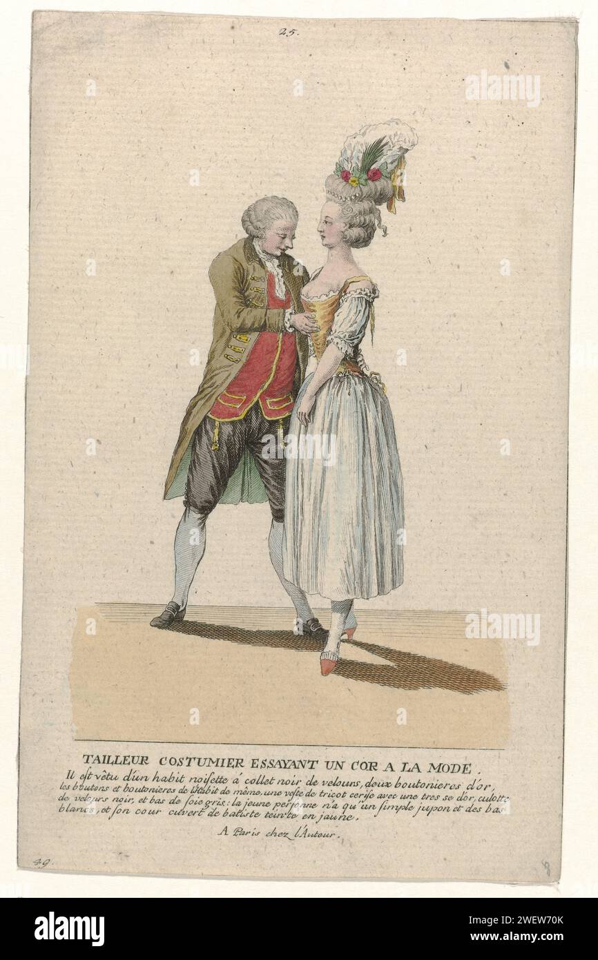 Gallerie of French modes and costumes, 1785, nr. 25, nr. 49, Kopie Naar P 85: Costudian tailor trying (...), c. 1785  The tailor adjusts a young woman a corset. He wears a 'habit' with velvet collar on a vest of tricot and knee pants from velvet. Wrinkled jabot and cuffs. Two Breloques at the waist. Gares of gray silk and shoes with square buckles. The young woman is wearing a corset of yellow batist. Underskirt and white stockings. Muars on the feet. On the laid hair a hat with ribbon, spring and flowers. On the right a dress is draped over a chair. Copy to P 85 from series P. 15th Cahier de Stock Photo