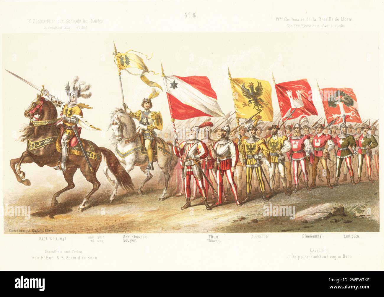Swiss army commander Hans von Hallwyl, his son, his equerry, and infantry platoons of pikemen and macemen from Thun, Oberhasli, Simmenthal, Entlibuch. Chromolithograph by C. Knusli from Album du Cortege Historique de Morat, reenactment pageant on the 400th anniversary of the Battle of Murten, Buri, Zurich, 1876. Stock Photo
