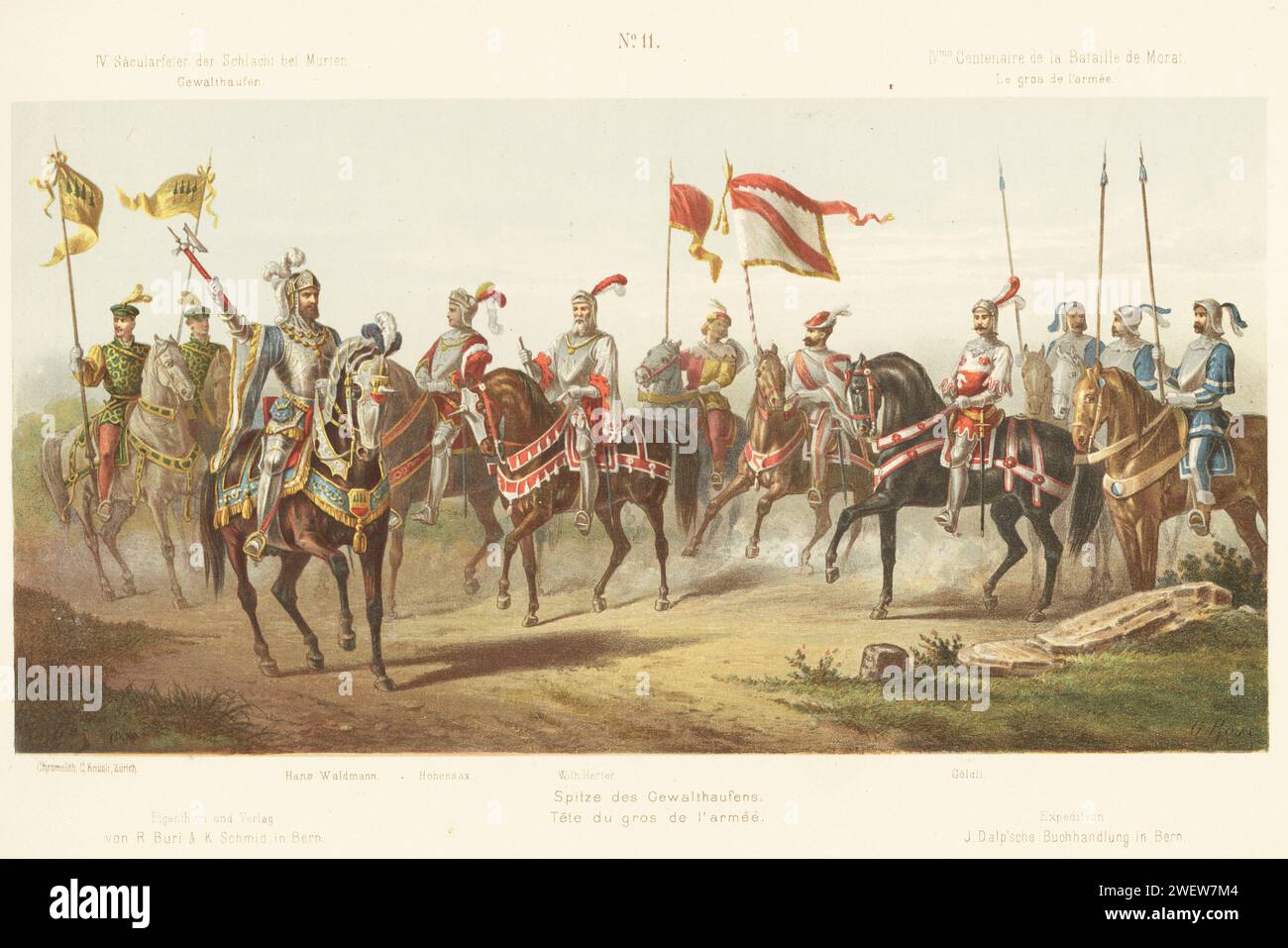 Swiss Confederacy army commanders: Hans Waldmann, Mayor of Zurich, Ulrich of Hohensax, Wilhelm Herter von Hertneck, and Georg Göldli, with ensigns and lancers. Chromolithograph by C. Knusli after an illustration by Gustav Roux from Album du Cortege Historique de Morat, reenactment pageant on the 400th anniversary of the Battle of Murten, Buri, Zurich, 1876. Stock Photo