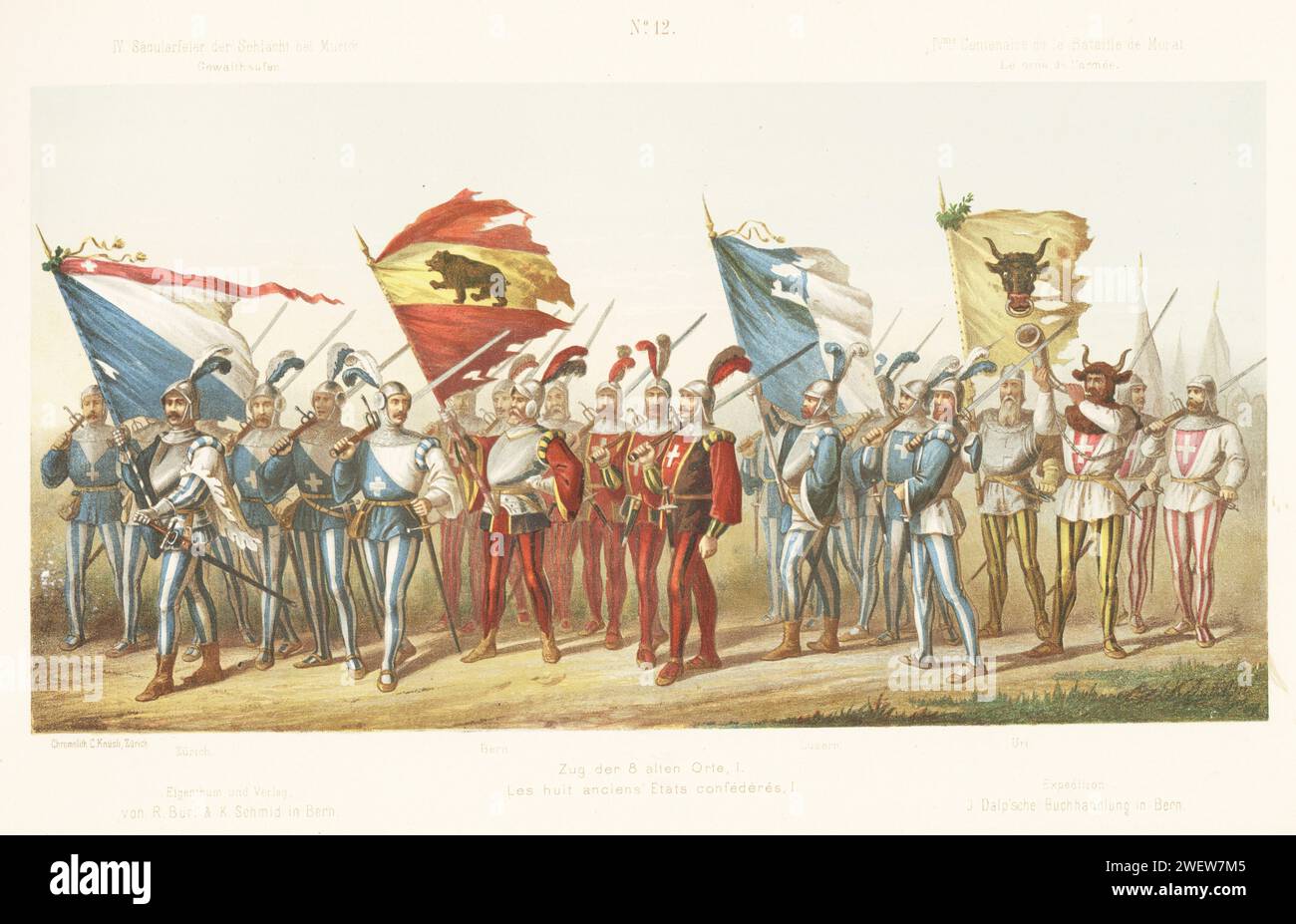 Troops from the Eight Old Swiss states of the Confederacy: Zurich, Bern, Lucerne, and Uri. With long swords, ensigns with standards, trumpeter in bull-head helmet. Chromolithograph by C. Knusli after an illustration by Carl Jauslin from Album du Cortege Historique de Morat, reenactment pageant on the 400th anniversary of the Battle of Murten, Buri, Zurich, 1876. Stock Photo