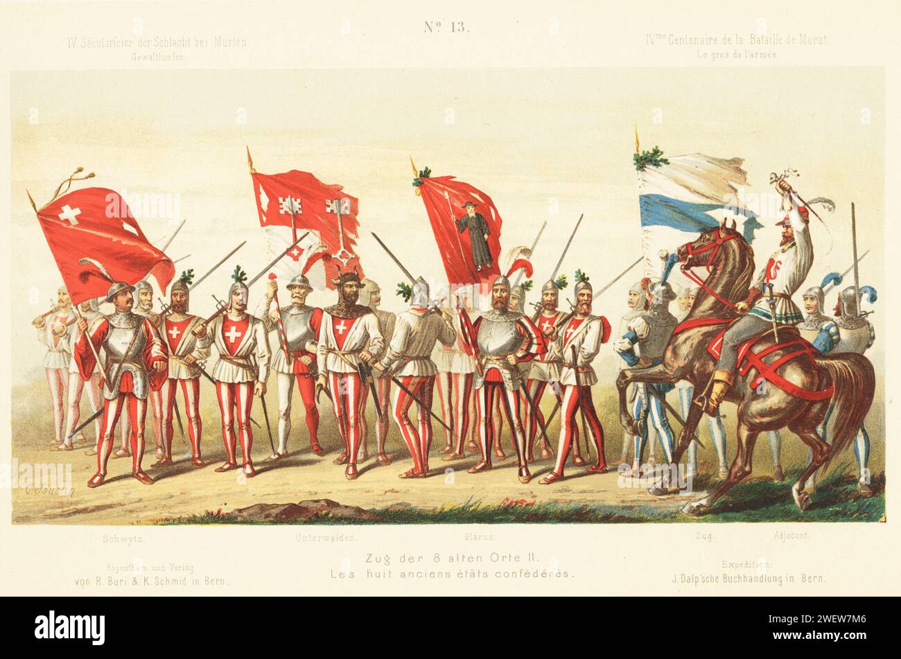 Troops from the Eight Old Swiss states of the Confederacy: Schwyz, Unterwalden, Glarus, and Zug with adjutant, long swords, ensigns with standards, soldier in bull-head. Chromolithograph by C. Knusli after an illustration by Carl Jauslin from Album du Cortege Historique de Morat, reenactment pageant on the 400th anniversary of the Battle of Murten, Buri, Zurich, 1876. Stock Photo