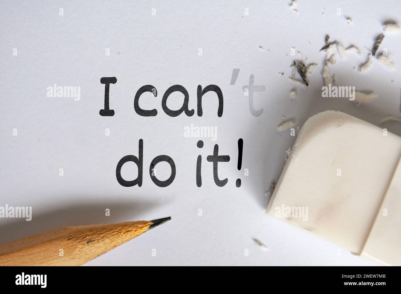 Pencil eraser erasing cannot into can. Inspirational concept. Stock Photo