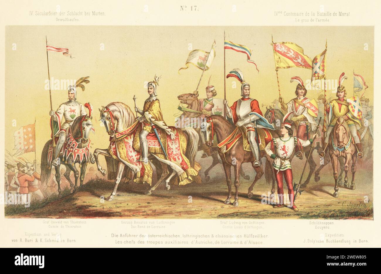 Commanders of auxiliary troops from Austria, Lorraine and Alsace. Count Oswald I von Thierstein, Duke Renatus II von Lothringen, Count Ludwig von Oettingen, and equerries or shield bearers. Chromolithograph by C. Knusli after an illustration by Carl Jauslin from Album du Cortege Historique de Morat, reenactment pageant on the 400th anniversary of the Battle of Murten, Buri, Zurich, 1876. Stock Photo