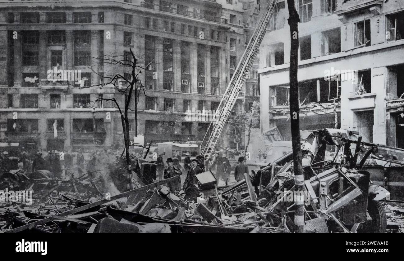 The damage caused by a German Flying Bomb aka Doodlebug that fell in Aldwych in London, England in June 1944 during the Second World War. Stock Photo