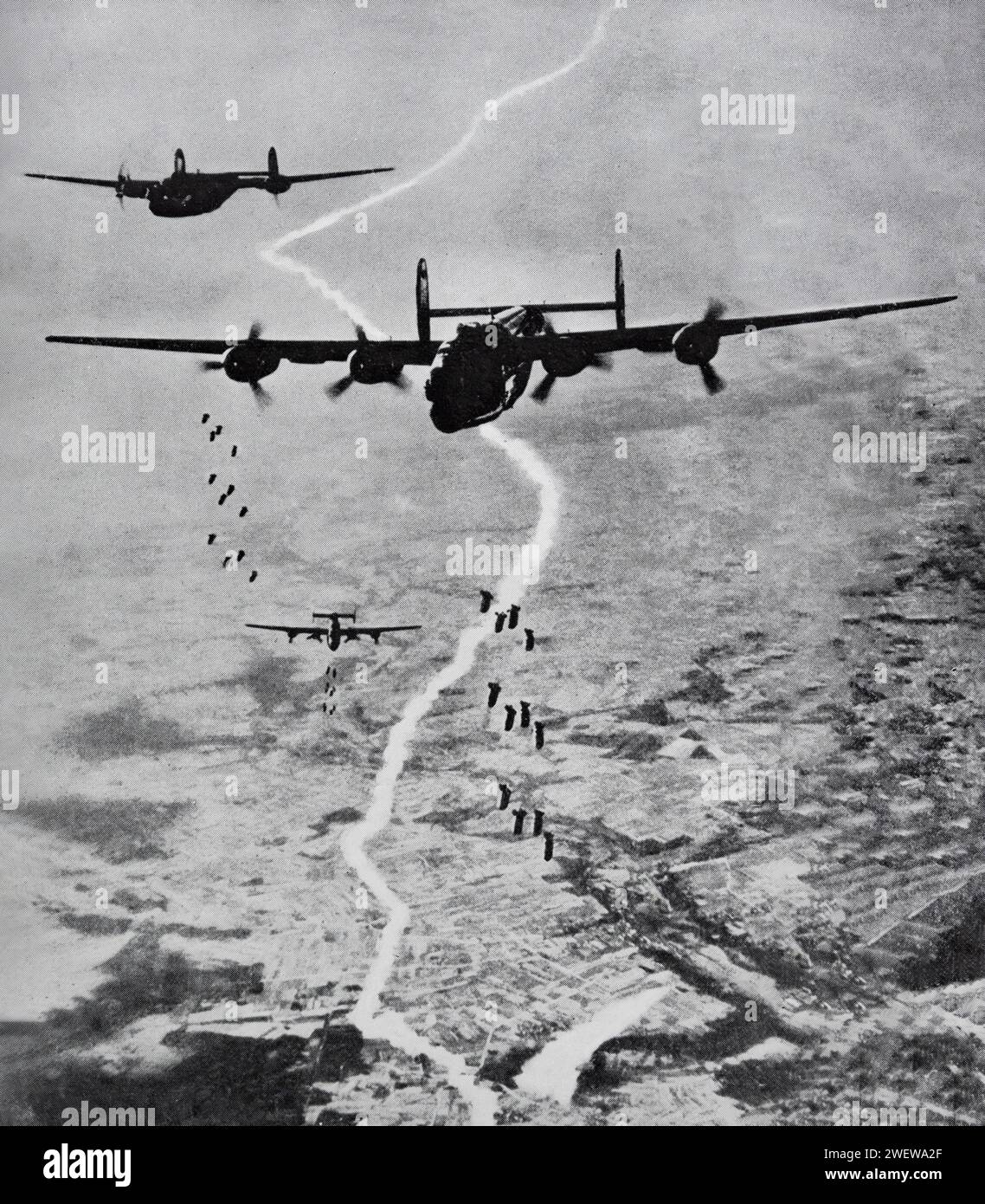 August 1944, during the Second World War and Lancaster Bombers attack German supply lines in support of the Allied Invasion of France following D-day on the 6th June 1944. Stock Photo