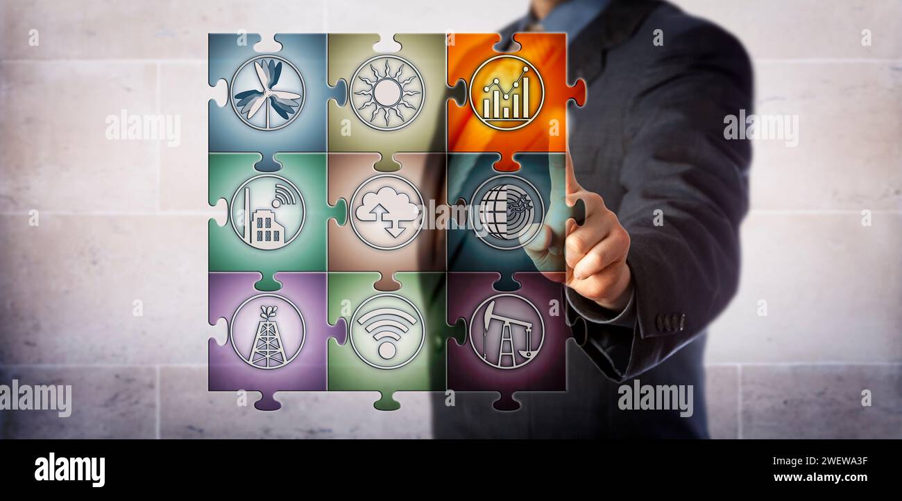 Blue chip plant manager touching chart icon in virtual planning matrix