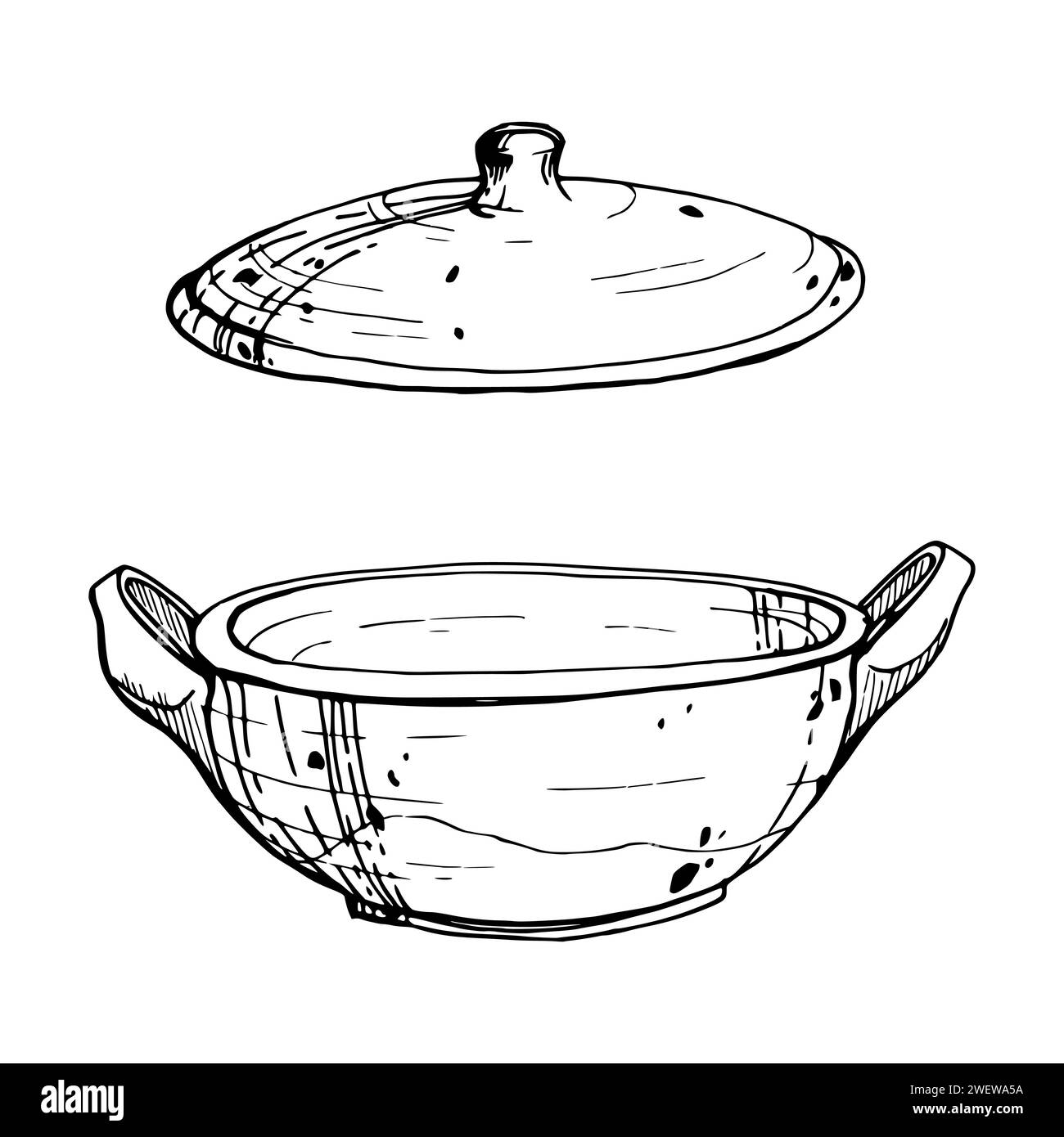 Hand drawn ink vector illustration, handmade traditional clay pottery