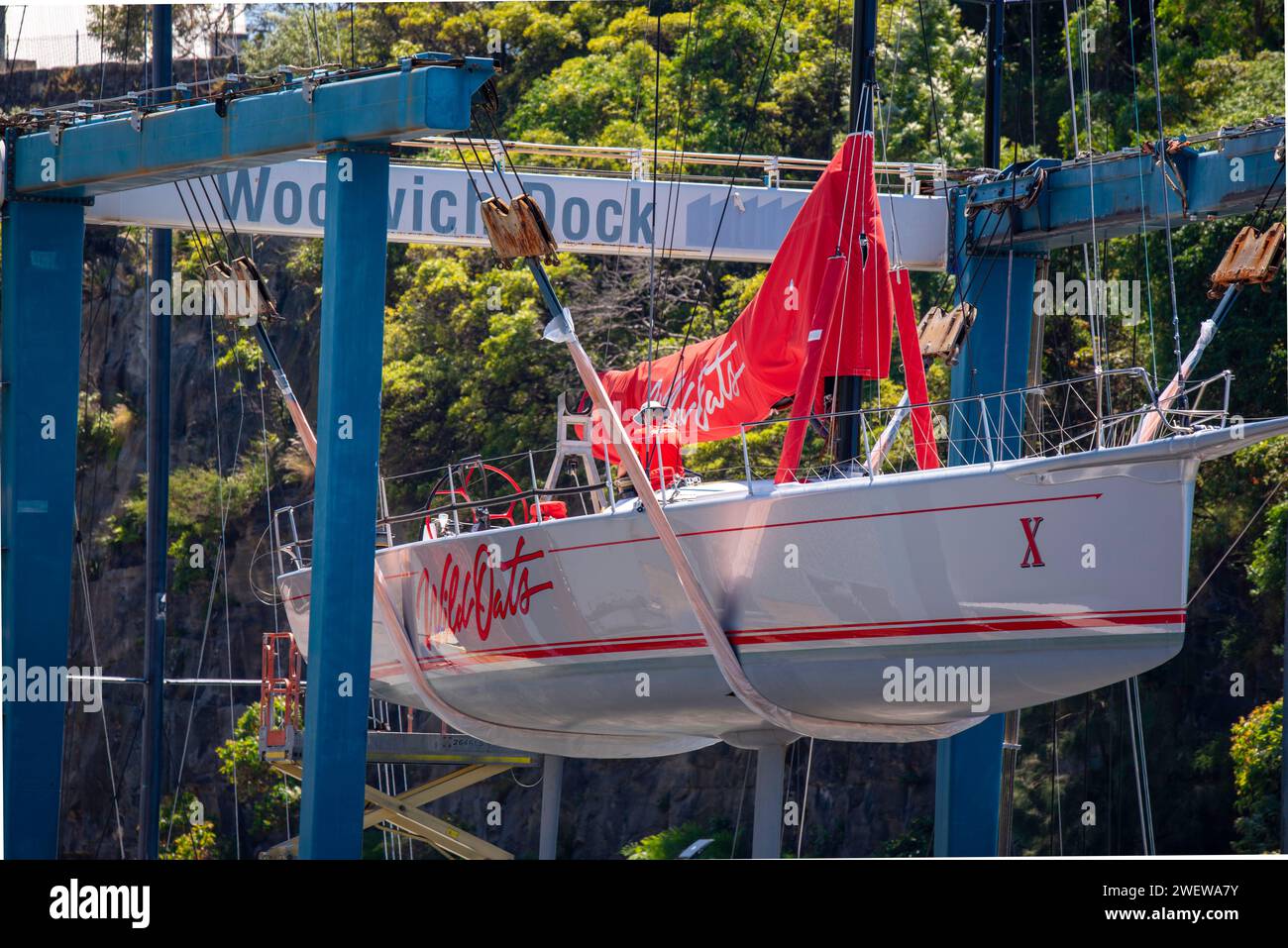 The Reichel/Pugh 66 design Wild Oats X (10) racing yacht up out of the water in a sling at Woolwich Dock in Sydney, Australia Stock Photo