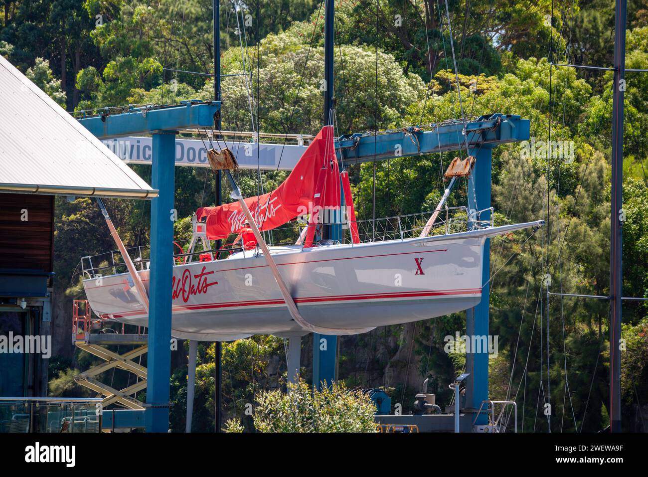 The Reichel/Pugh 66 design Wild Oats X (10) racing yacht up out of the water in a sling at Woolwich Dock in Sydney, Australia Stock Photo