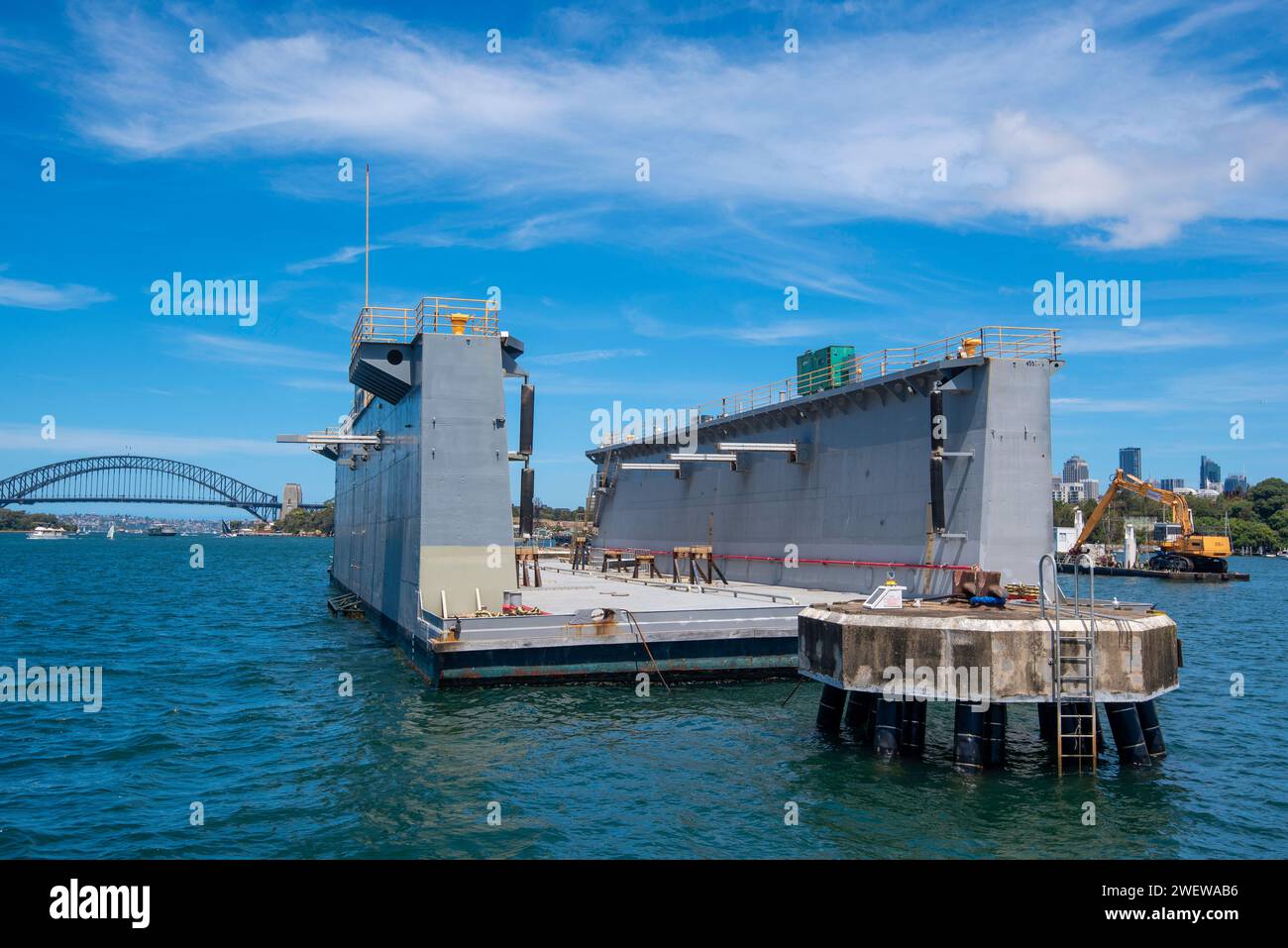 The Noakes Group owned floating drydock currently moored in the upper part of Sydney Harbour near Ballast Point Lookout in Australia Stock Photo