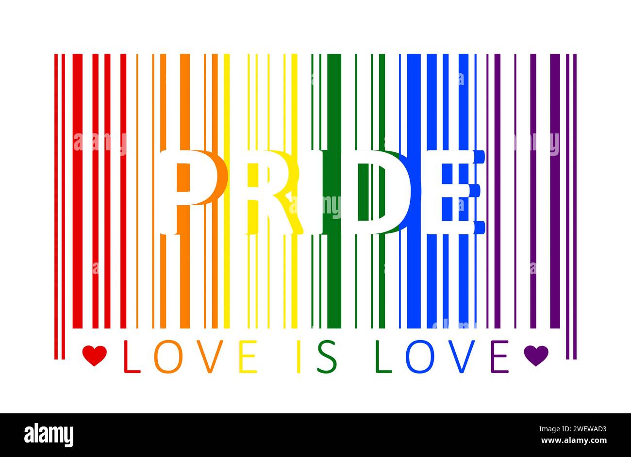 Rainbow or pride colored bar code with word 'Pride' and phrase 'Love is love' on white. LGBT movement flag, gay pride and commercialism concept. Stock Photo