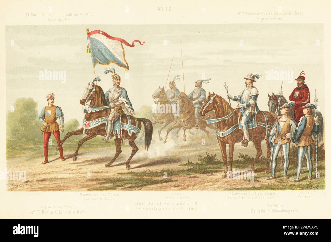 Zurich contingent: Pannerherr (standard bearer), men-at-arms, Stadtknecht (town sergeant) and his couriers, and Profos (executioner). Chromolithograph by C. Knusli after an illustration by Gustav Roux from Album du Cortege Historique de Morat, reenactment pageant on the 400th anniversary of the Battle of Murten, Buri, Zurich, 1876. Stock Photo