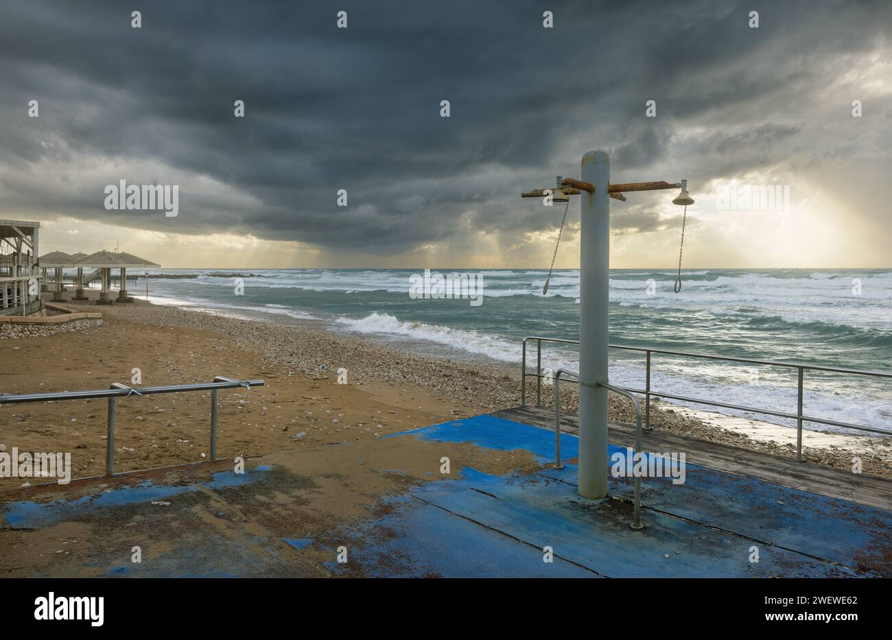 Dramatic sea view with storm clouds in Haifa, Israel Stock Photo