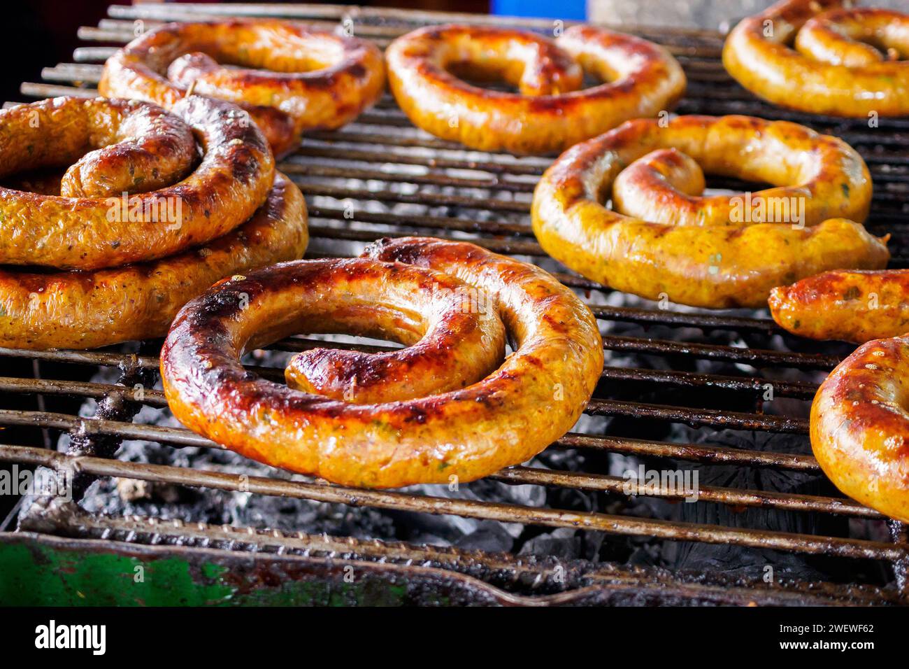 northern thai spicy sausage (Sai Aua) on the grill Stock Photo