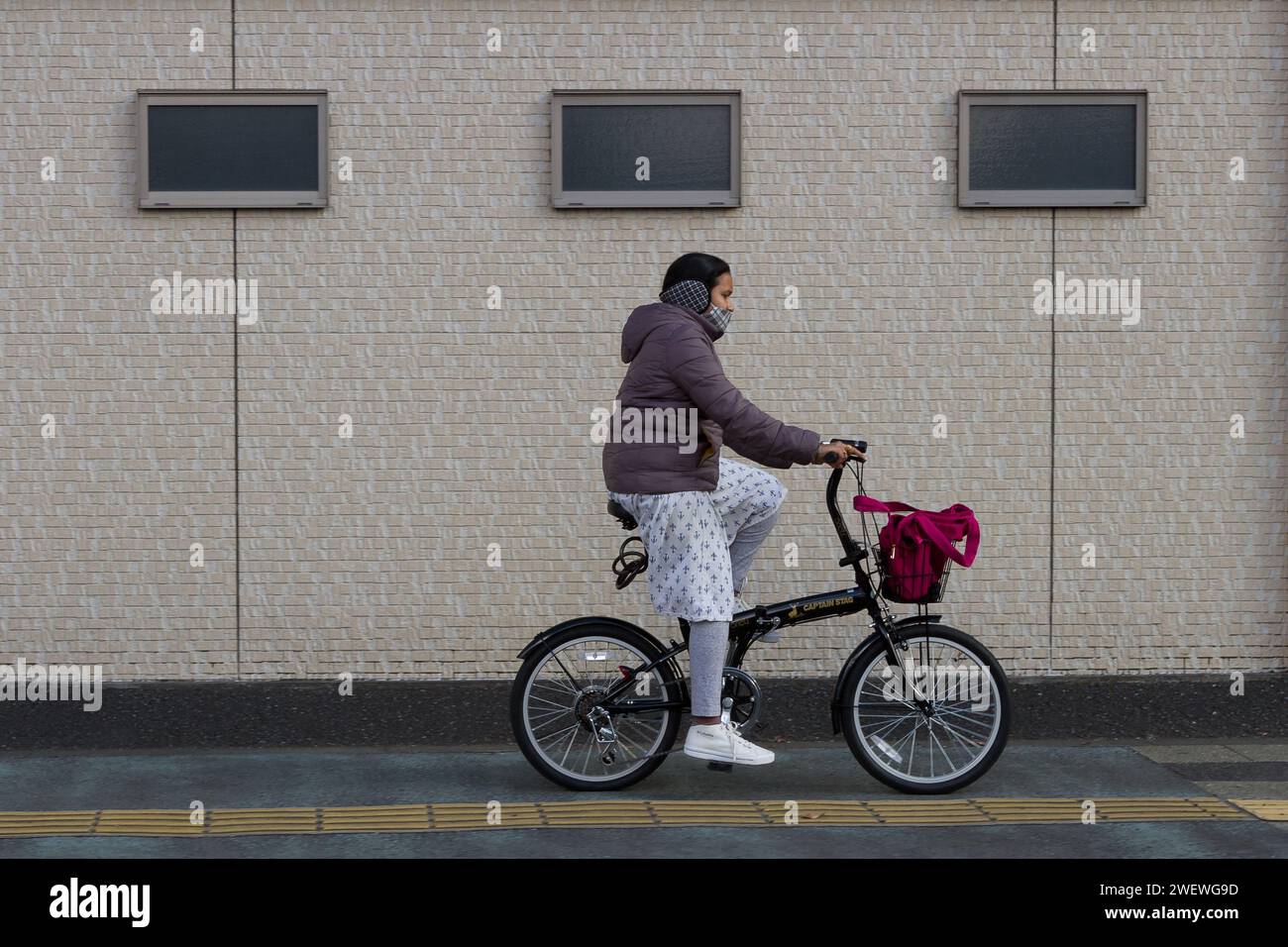 A south Asian woman, wearing warm clothes, rides her bicycle on the street near Ebina, Kanagawa, Japan. Stock Photo