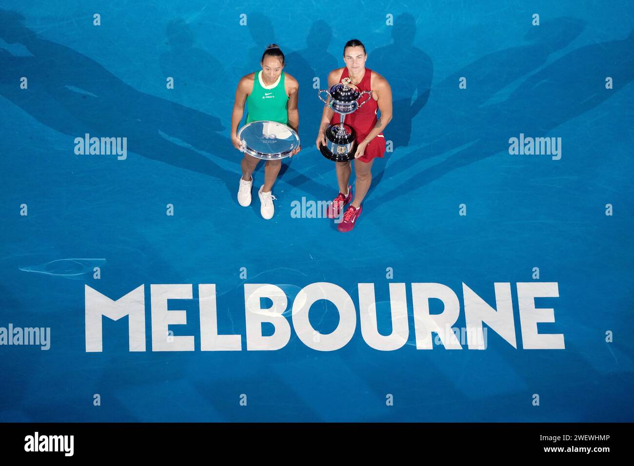 Aryna Sabalenka of Belarus, right, and Zheng Qinwen of China pose with ...