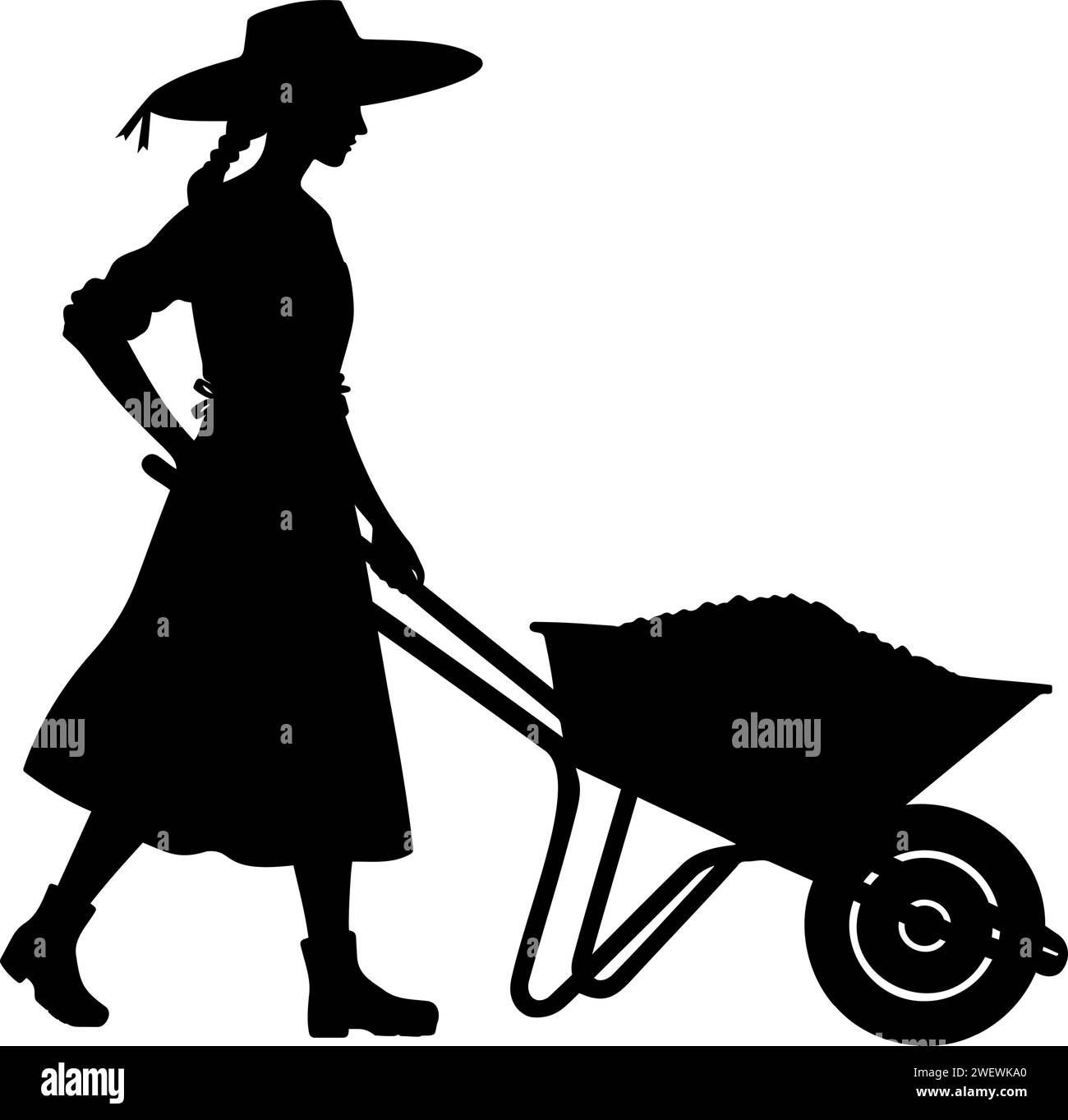 Woman Farmer with a wheelbarrow silhouette. Vector illustration Stock Vector