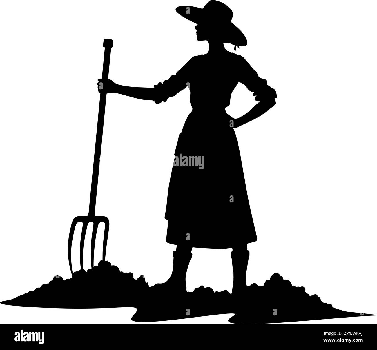 Woman Farmer working with a fork silhouette. Vector illustration Stock Vector