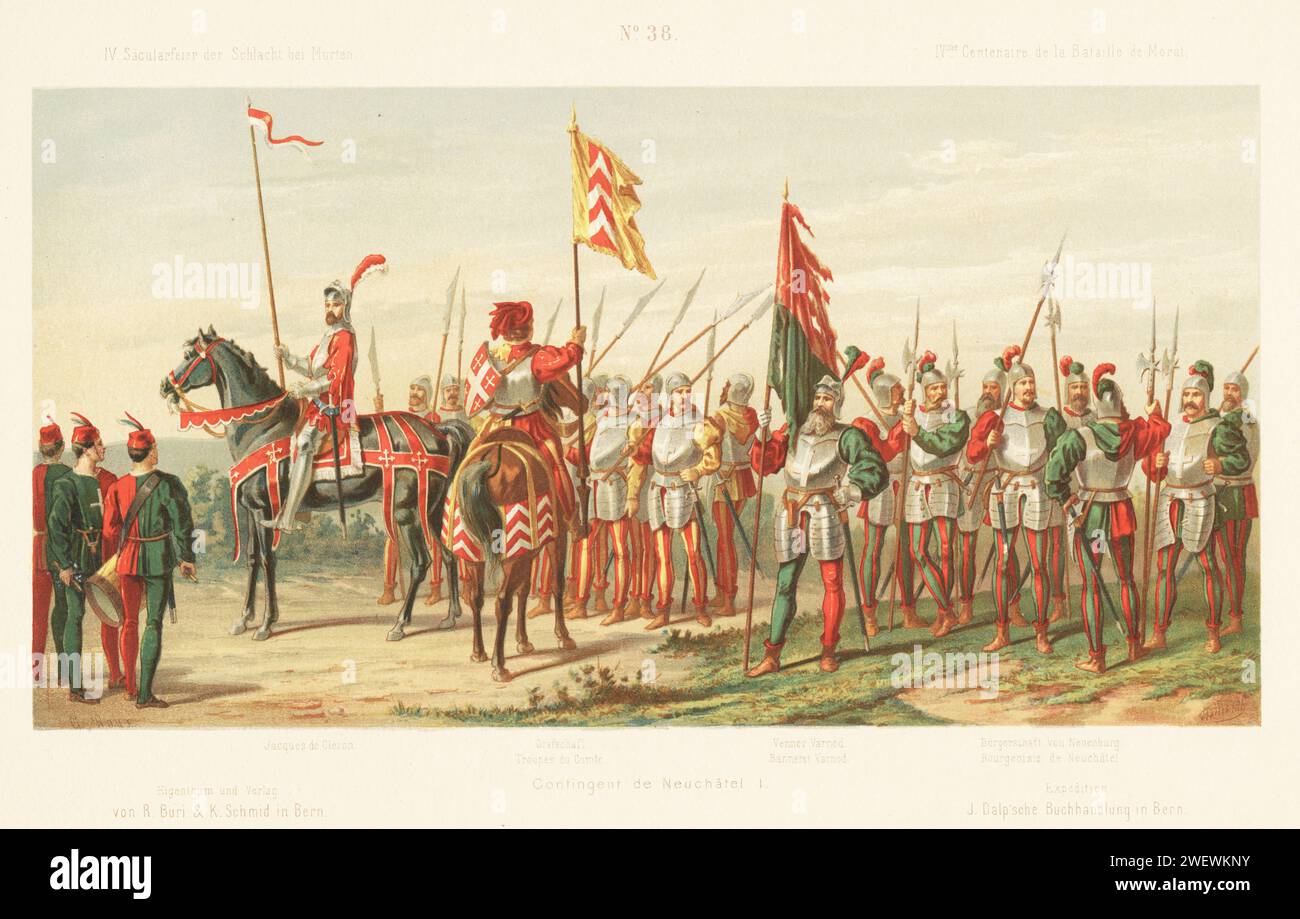 Neuchatel contingent: Jacques de Cleron and his Grafschaft (corps), Venner Varnod (ensign) with flag, city burghers with lances and pikes. Chromolithograph by C. Knusli after an illustration by Gustav Roux from Album du Cortege Historique de Morat, reenactment pageant on the 400th anniversary of the Battle of Murten, Buri, Zurich, 1876. Stock Photo