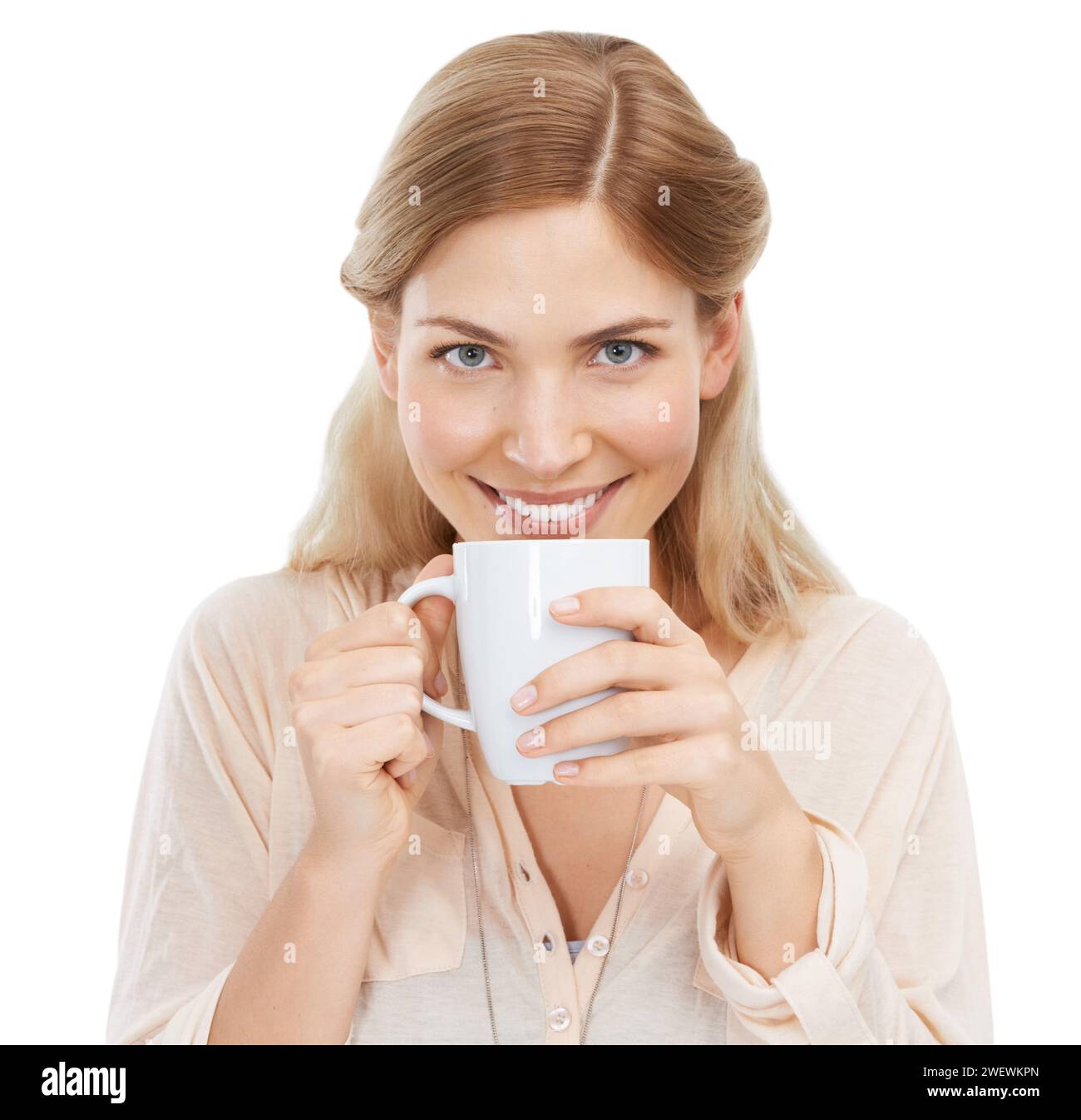 Happy, portrait and woman relax with coffee in studio with calm, moment ...