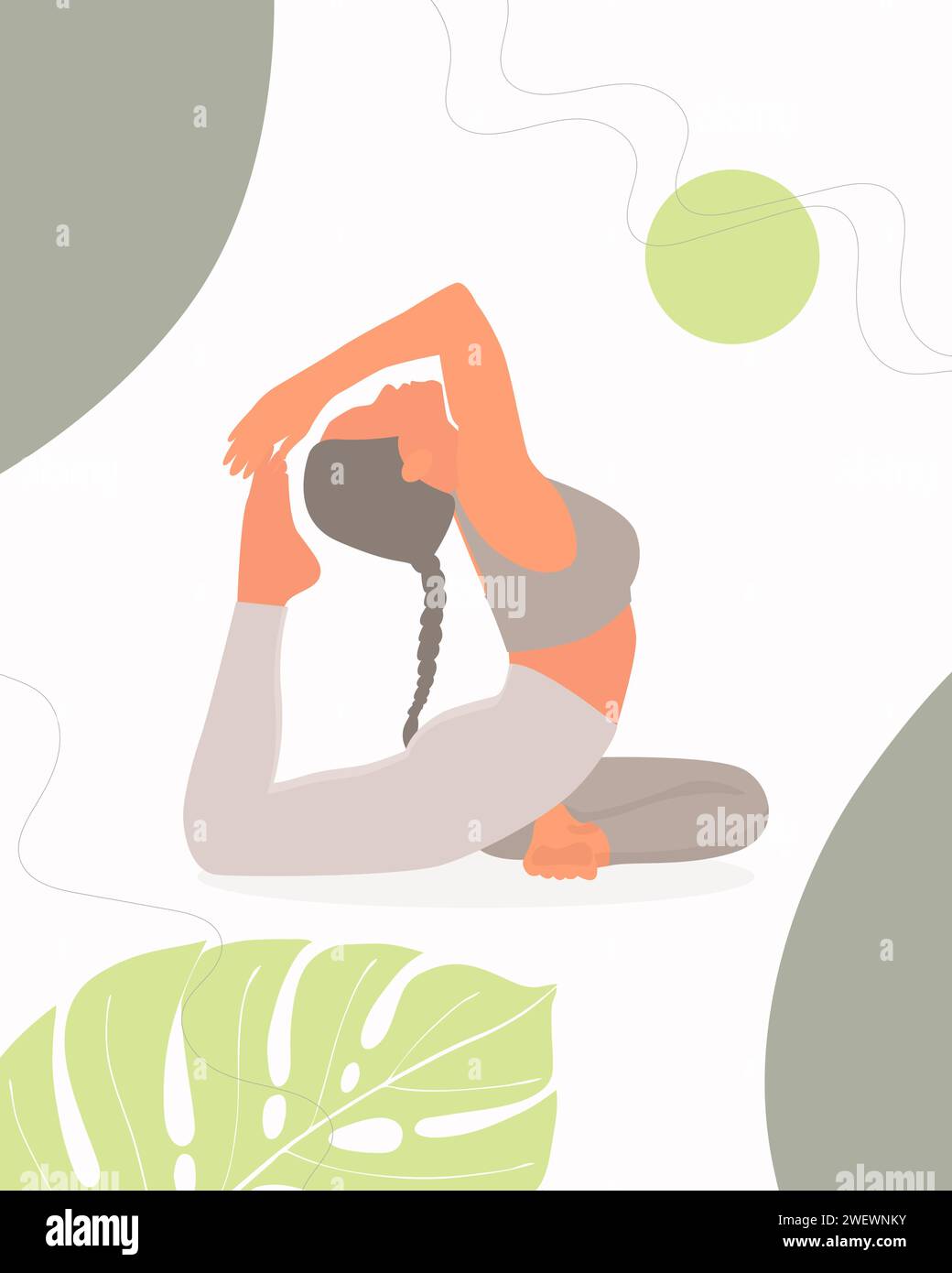 Woman practicing yoga pose in peaceful setting with monstera leaves. Vector illustration Stock Vector