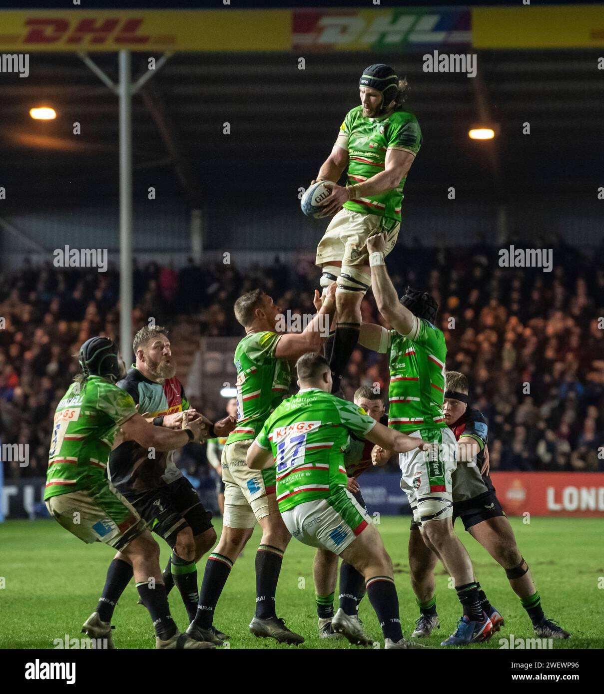 Leicester Tigers Kyle Hatherell in action during the Harlequins vs