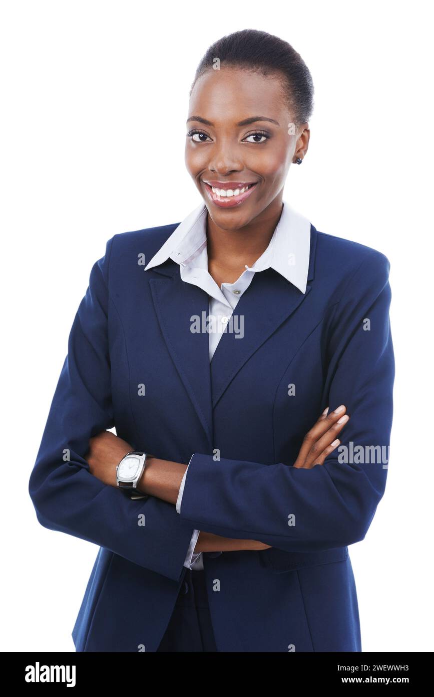 Portrait, business and happy black woman with arms crossed in studio ...