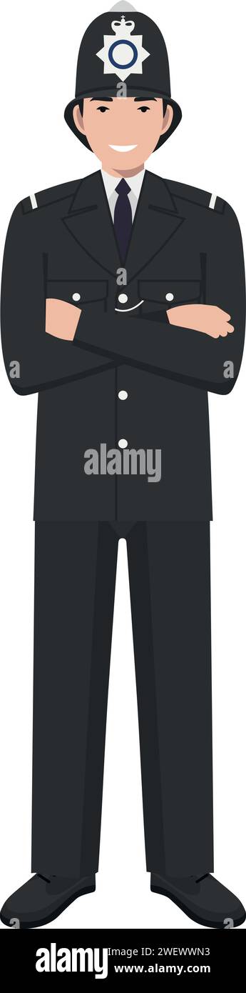 Standing British Policeman Officer in Traditional Uniform Character Icon in Flat Style Stock Vector