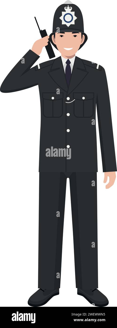 Standing British Policeman Officer with Walkie-Talkie in Traditional Uniform Character Icon in Flat Style. Stock Vector